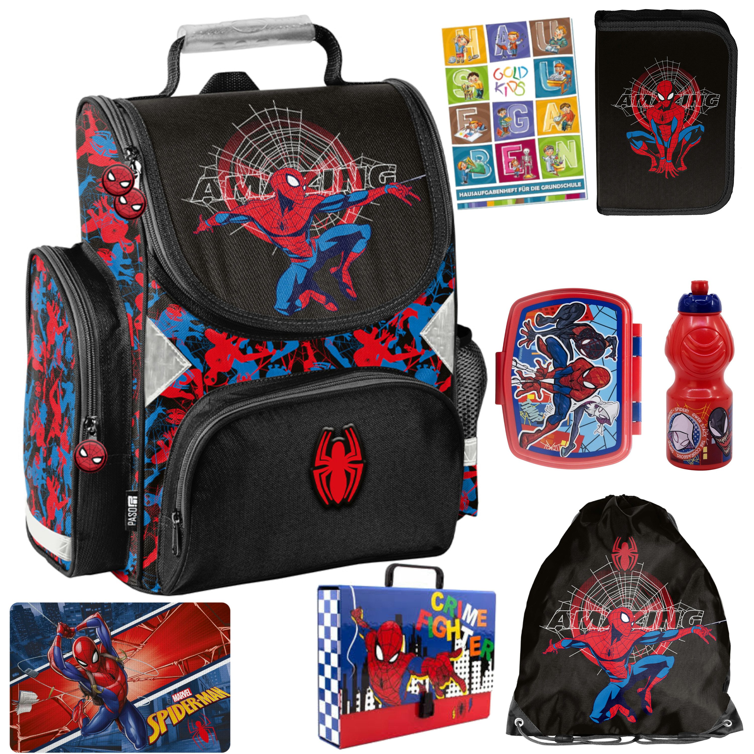GOLDKIDS Schulranzen für Jungen und Mädchen, Set - (Schul-Rucksack für Kinder mit Federmäppchen -, 8-tlg., Schuhbeutel und Hausaufgabenheft), - Spiderman 1-3 Klasse