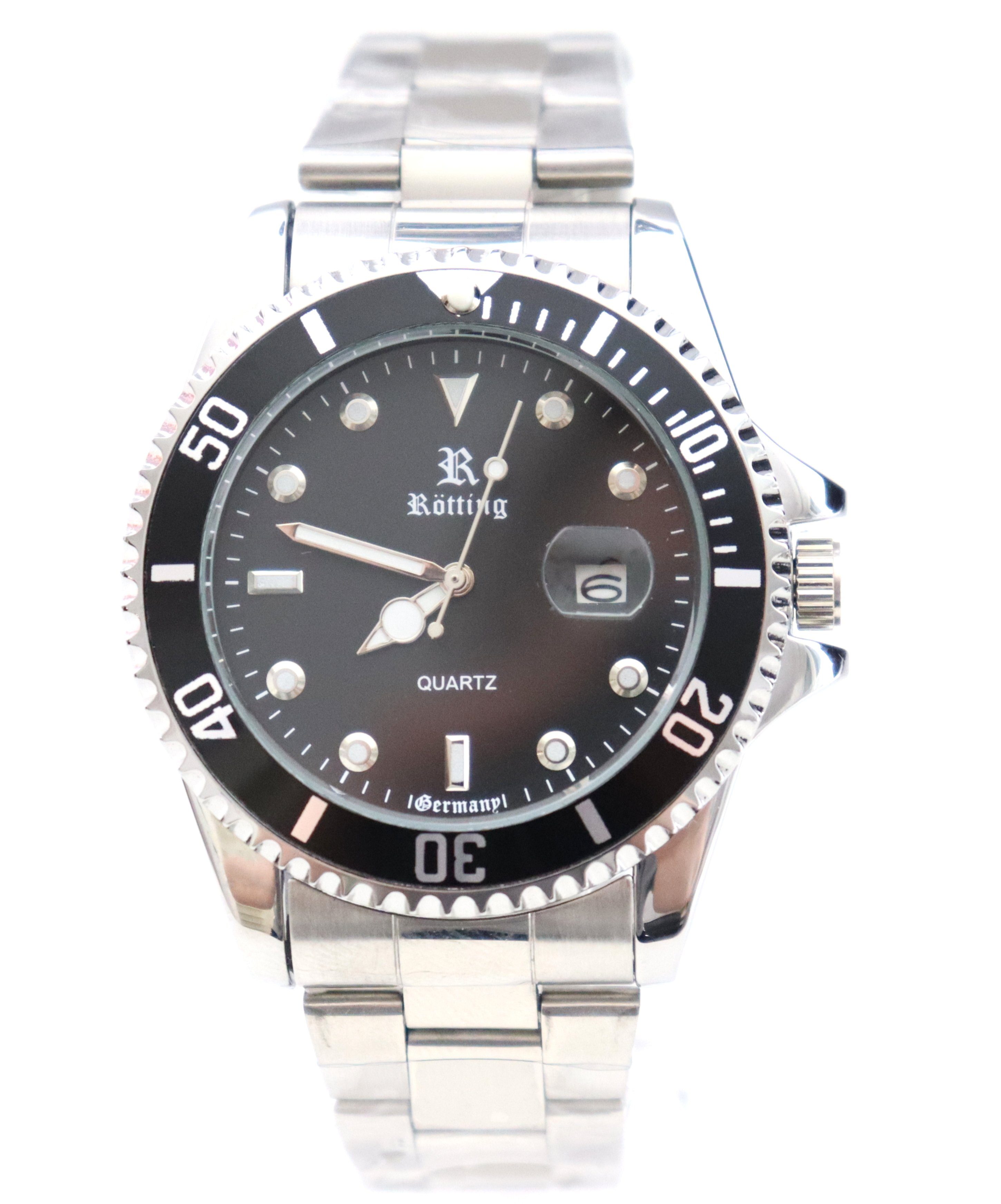 Quarzuhr Herrenuhr schwarze Lünette zum Drehen schwarzes Ziffernblatt