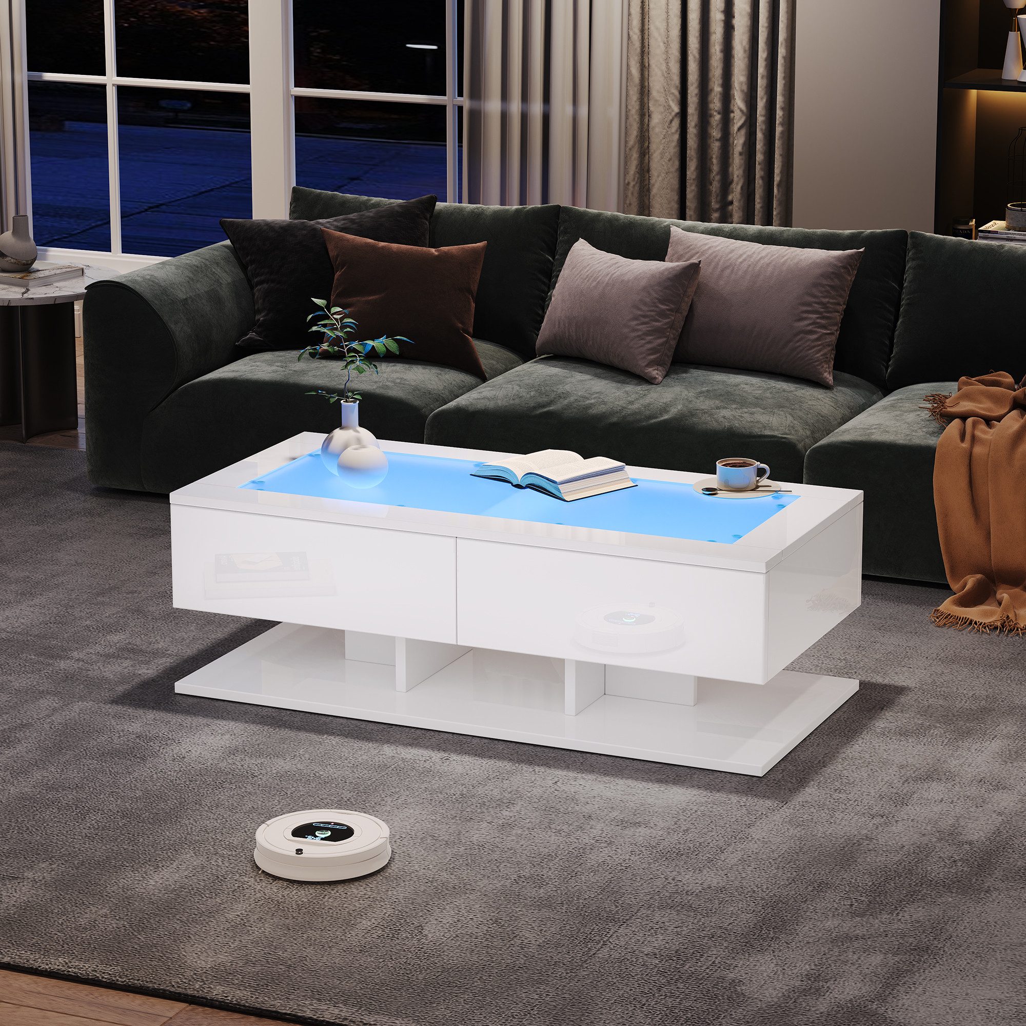 Merax Couchtisch hochglanz Sofatisch Beistelltisch mit LED-Beleuchtung inkl.App (1-St), Wohnzimmertisch mit 2 Schubladen und gehärtete Glasplatte, 100x50x35cm – Bild 4 von 5