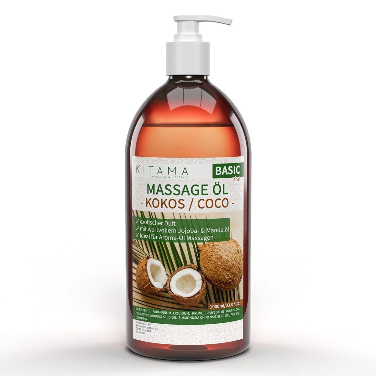 Kitama Massageöl mit Aroma - Körper-Öl für Massagen Pflegeöl Aroma-Öl Thai-Öl 1-Liter, Kokos