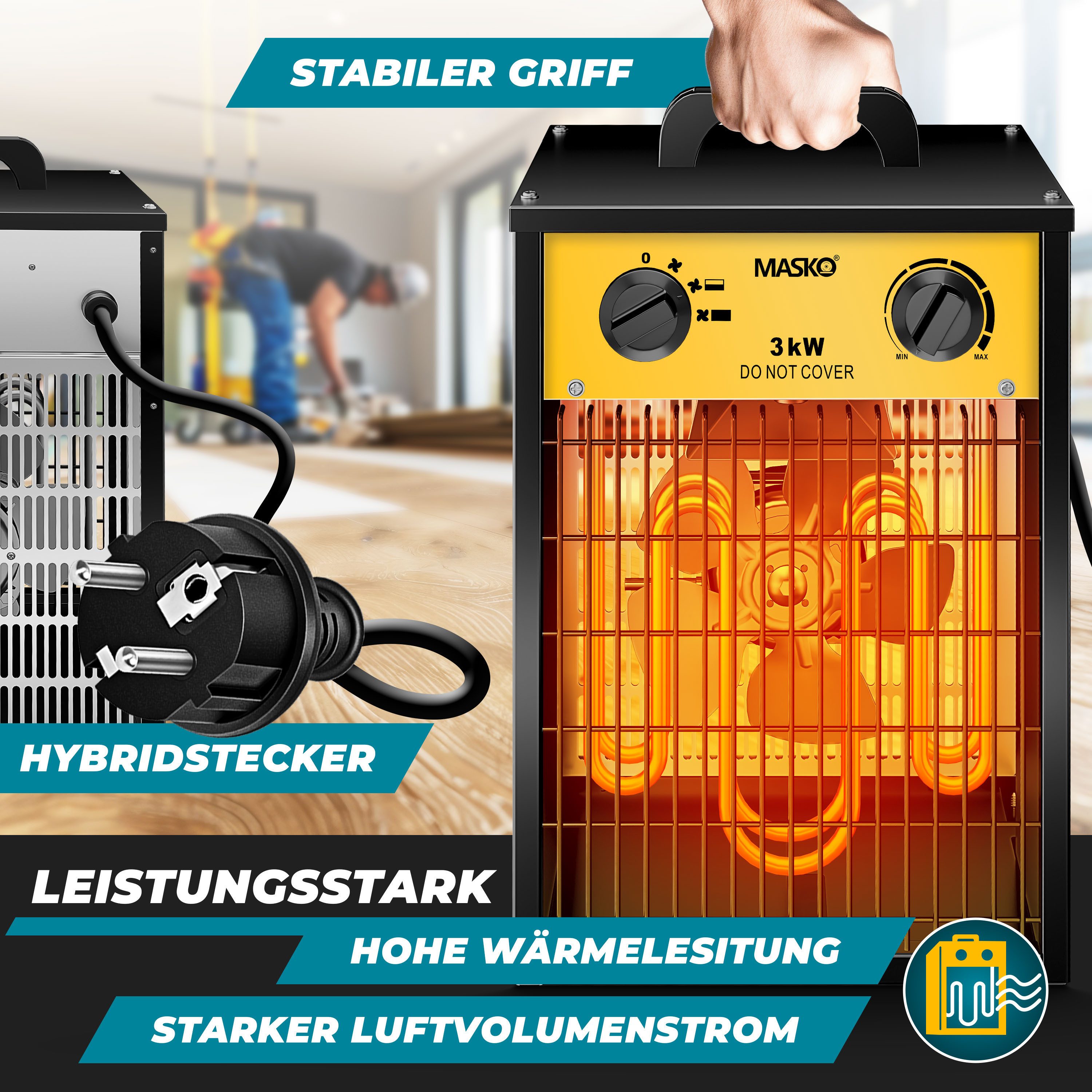 MASKO Heizlüfter, 3000 W, Elektroheizer Heizlüfter Bauheizer mit integriert günstig online kaufen