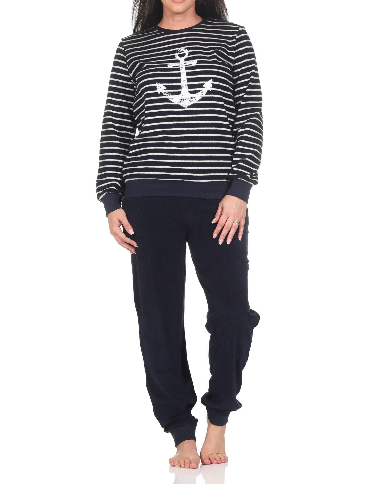 Pyjama Normann Damen Frottee Schlafanzug in maritimer Optik und Anker Motiv