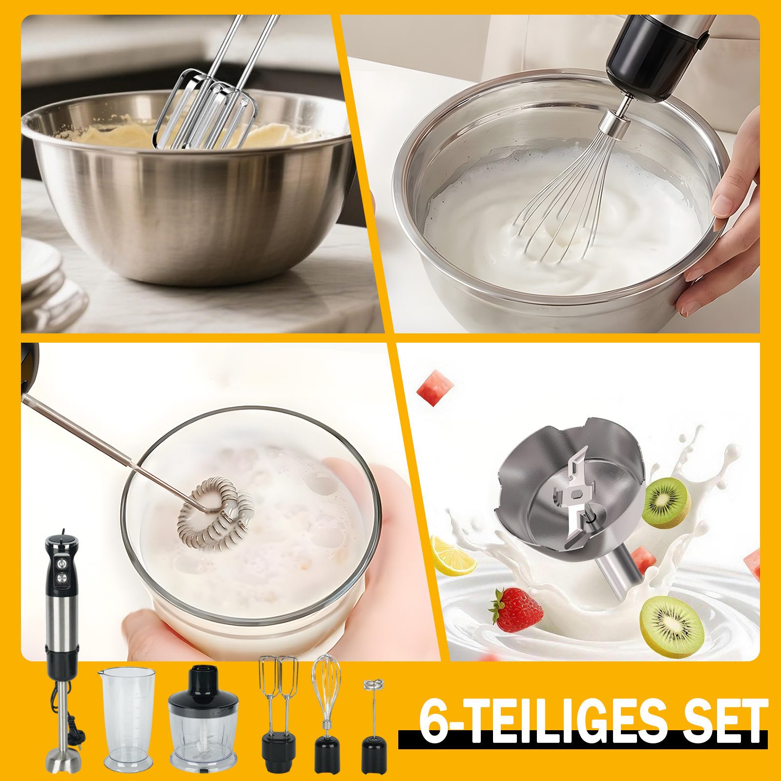 AKKEE Stabmixer Elektrischer Stabmixer Set 6 in 1 Pürierstab Edelstahl Handmixer, 800 W, Spritzwasserschutzfunktion – Bild 5 von 5