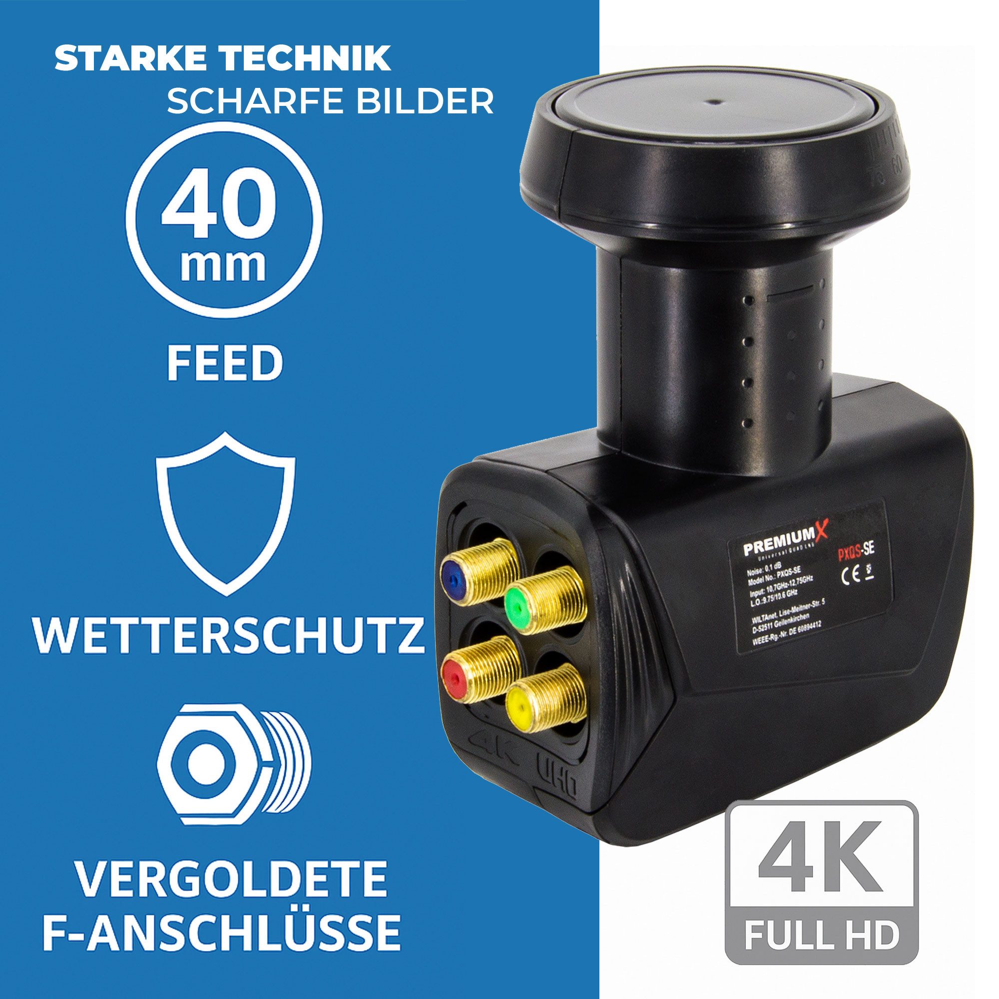 Thumbnail - PremiumX Quad LNB PXQS-SE Sat für 4 Teilnehmer DVB-S2 HDTV 4K Monoblock-LNB