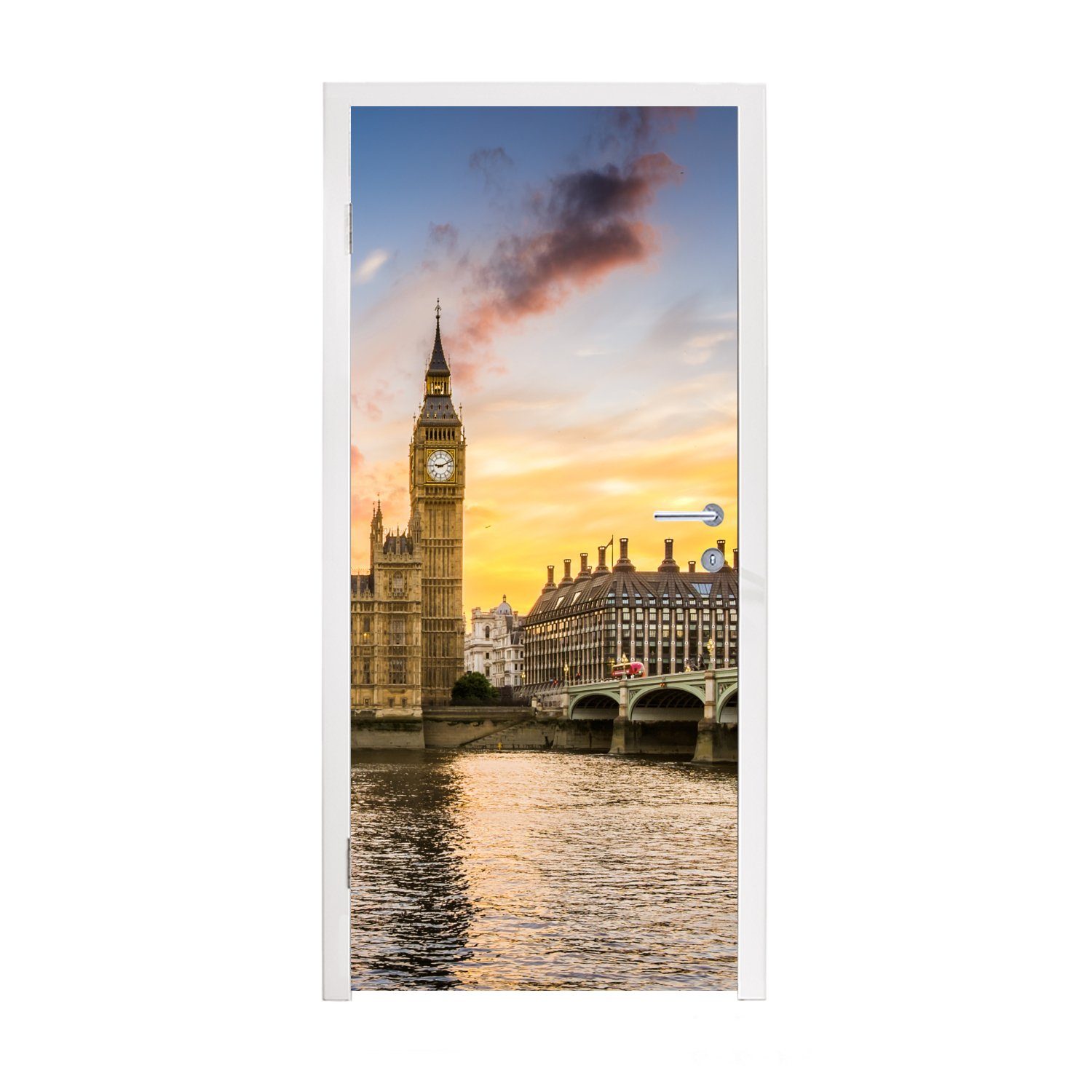 MuchoWow Türtapete Sonne - Big Ben - London, Matt, bedruckt, (1 St), Fototapete für Tür, Türaufkleber, 75x205 cm