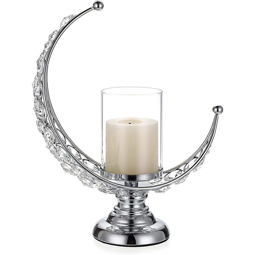 St) Mondform Glas aus Teelicht Metall (1 Kristall Kerzenständer Silber Kerzenhalter KOMIRO