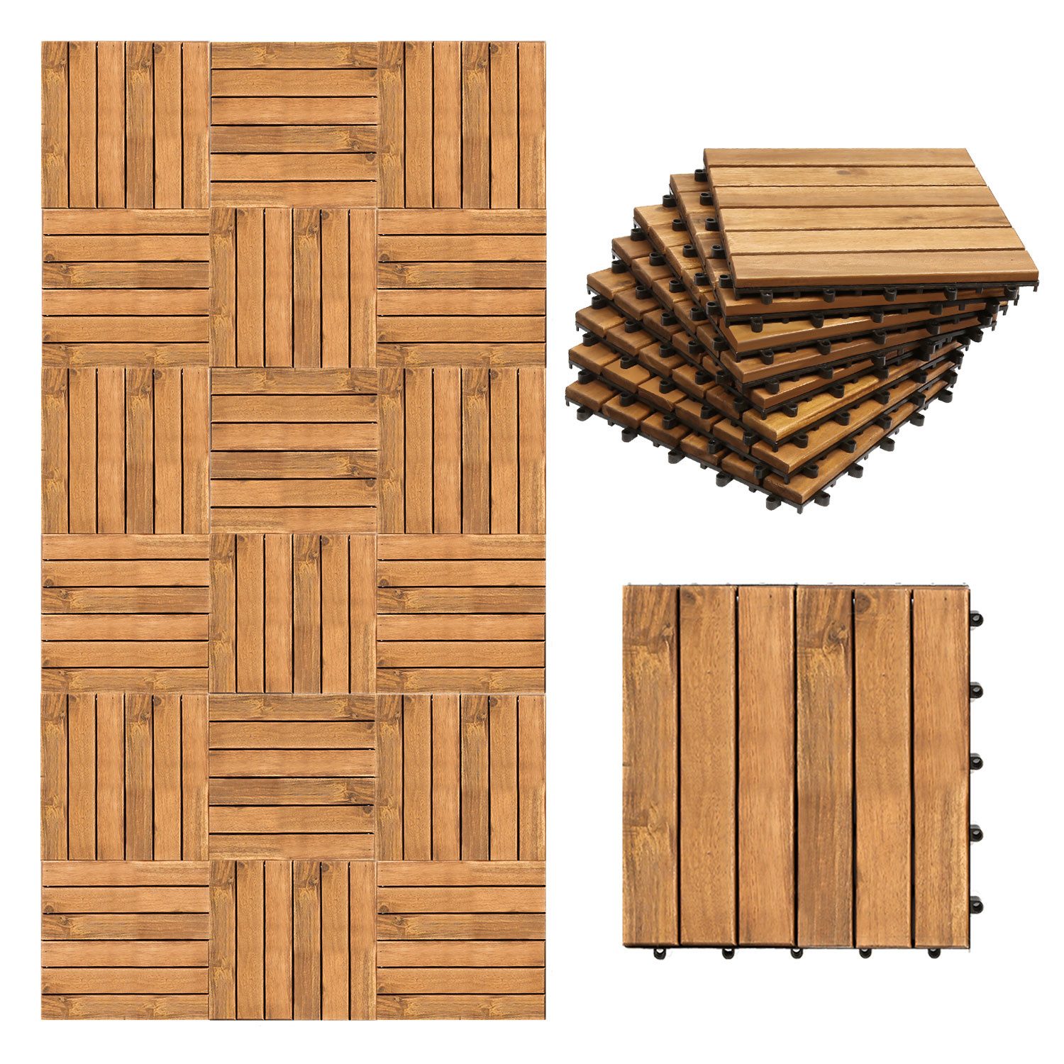 Clanmacy Holzfliesen 11-110 Stück erhältlich Terrassenfliesen, Akazien-Holz, Garten - 33st, 33er Set, 33 St., 30x30cm = 1qm pro Fliese, rutschfest, Stecksystem, langlebig