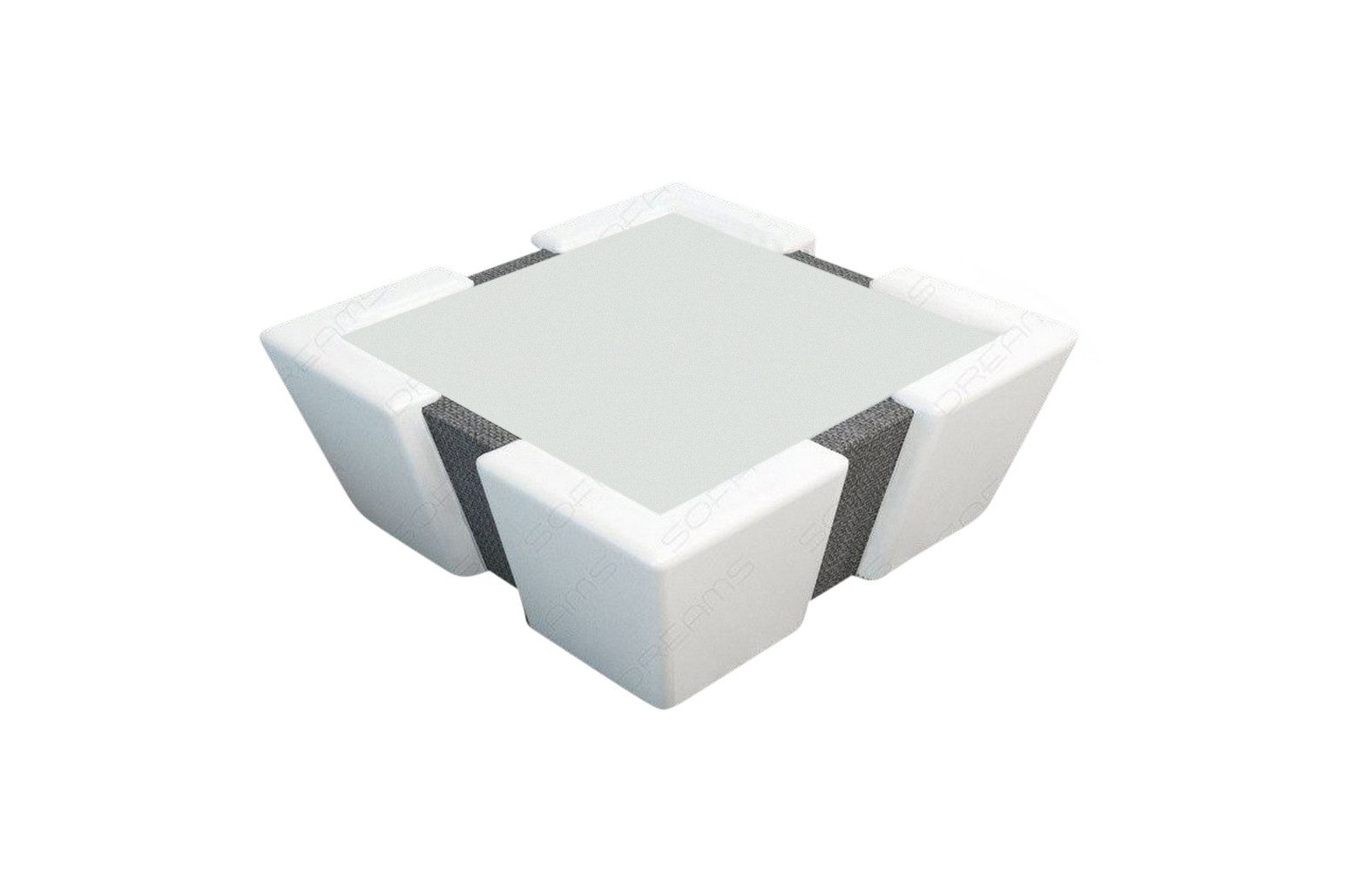 Sofa Dreams Couchtisch Couchtisch Apollonia Tisch Stoff mit Sicherheitsglasplatte 12mm (1 Tisch), Strukturstoff Bezug in Grau, Akzentfarbe Kunstleder Weiß