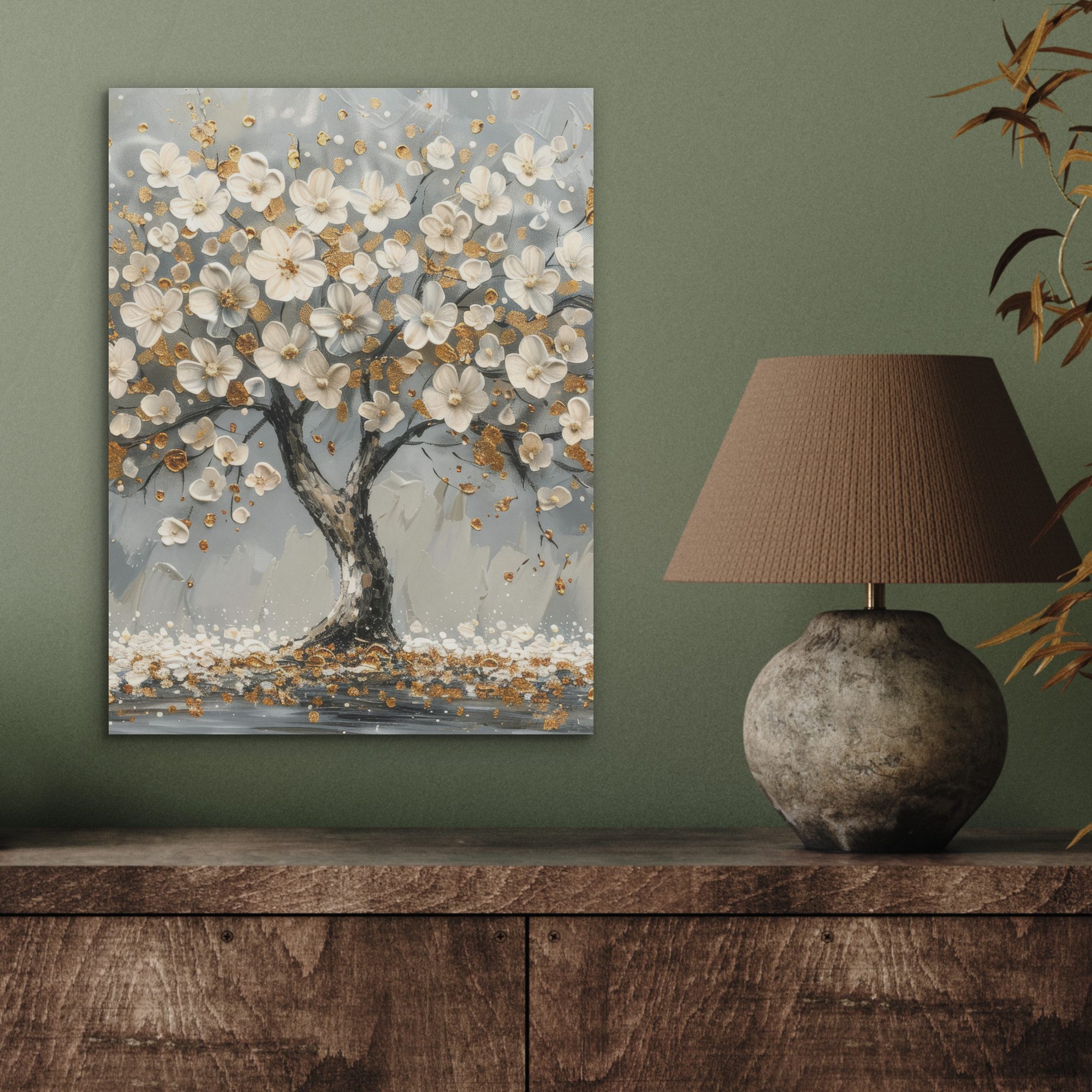 MuchoWow Gemälde Baum - Gold - Blumen - Abstrakt - Kunst, Fotodruck (1 St), Akustikpaneele, Wandpaneele, Schalldämmung, Akustikbilder 30x40 cm
