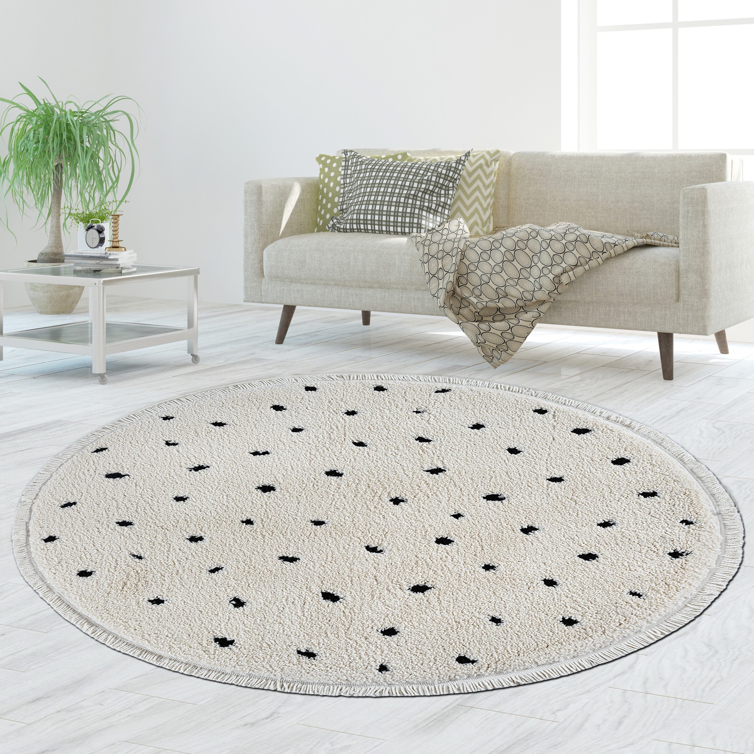 TeppichHome24 Teppich Teppich gepunktet Creme Wohnzimmer weich modern flauschig gemütlich, rund