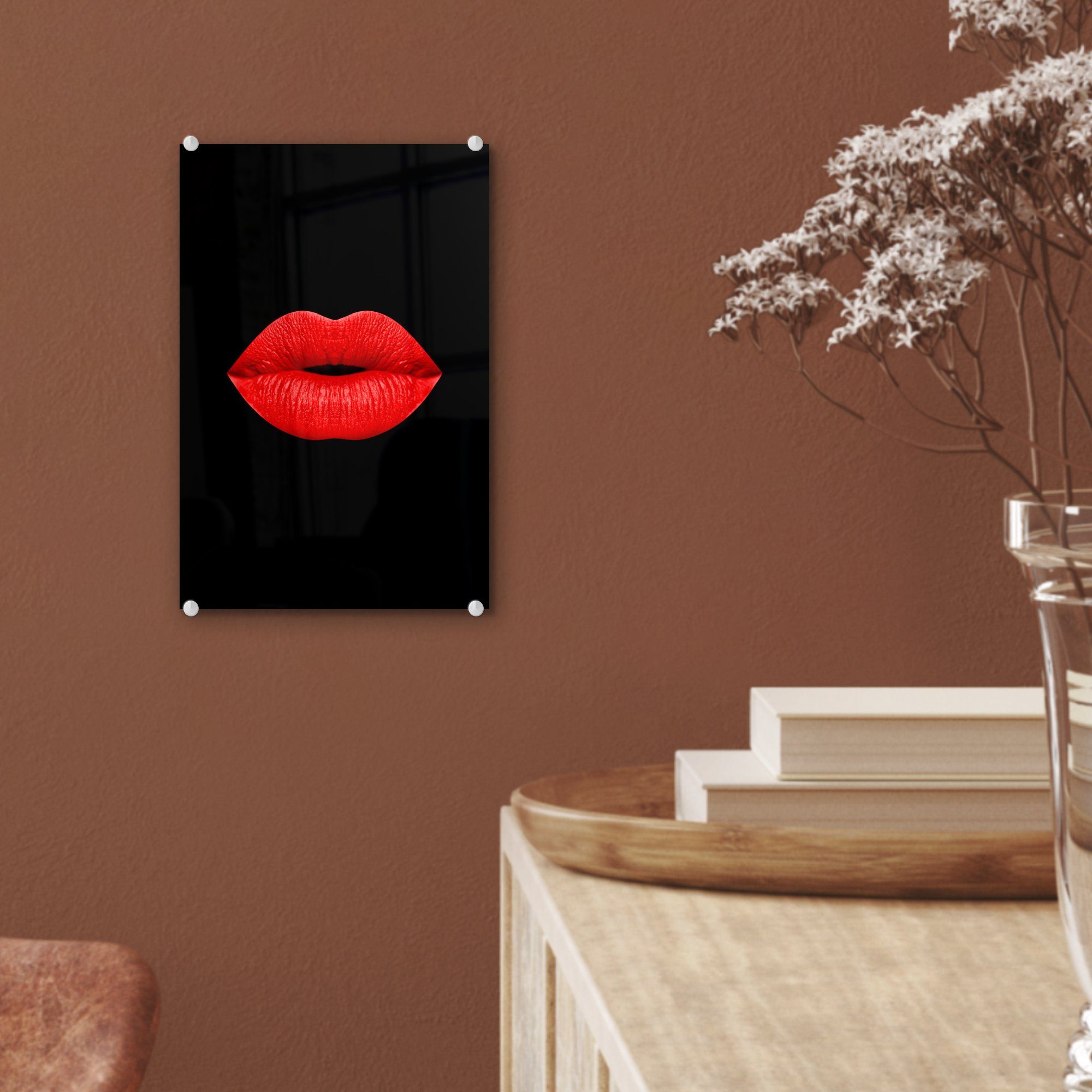 MuchoWow Acrylglasbild Lippen - Bilder auf Glas Glas auf Wanddekoration - - St), Wandbild (1 Rot Schwarz, Glasbilder - - Foto