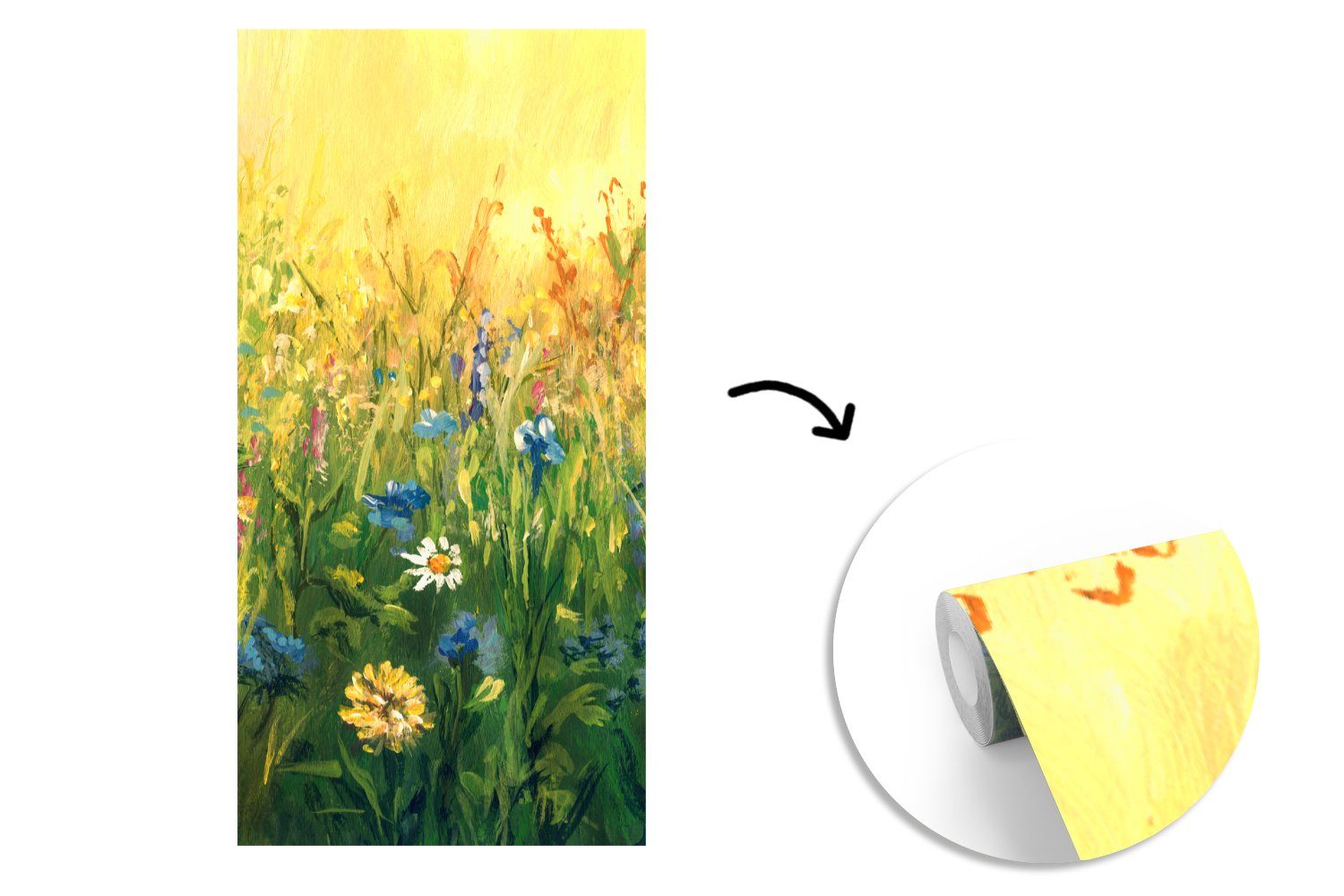 MuchoWow Fototapete Blumen - Aquarell Schlafzimmer Sonne, Matt, Wohnzimmer Fototapete (2 bedruckt, für - St), Vliestapete Küche