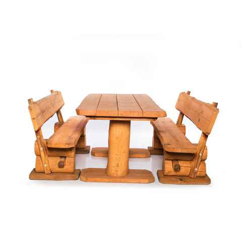 Mega-Holz Garten-Essgruppe Gartengarnitur "Rustikal" Farbton Pinie, (Funktionsset, 3-tlg., Set enthält 2 Bänke + Tisch)
