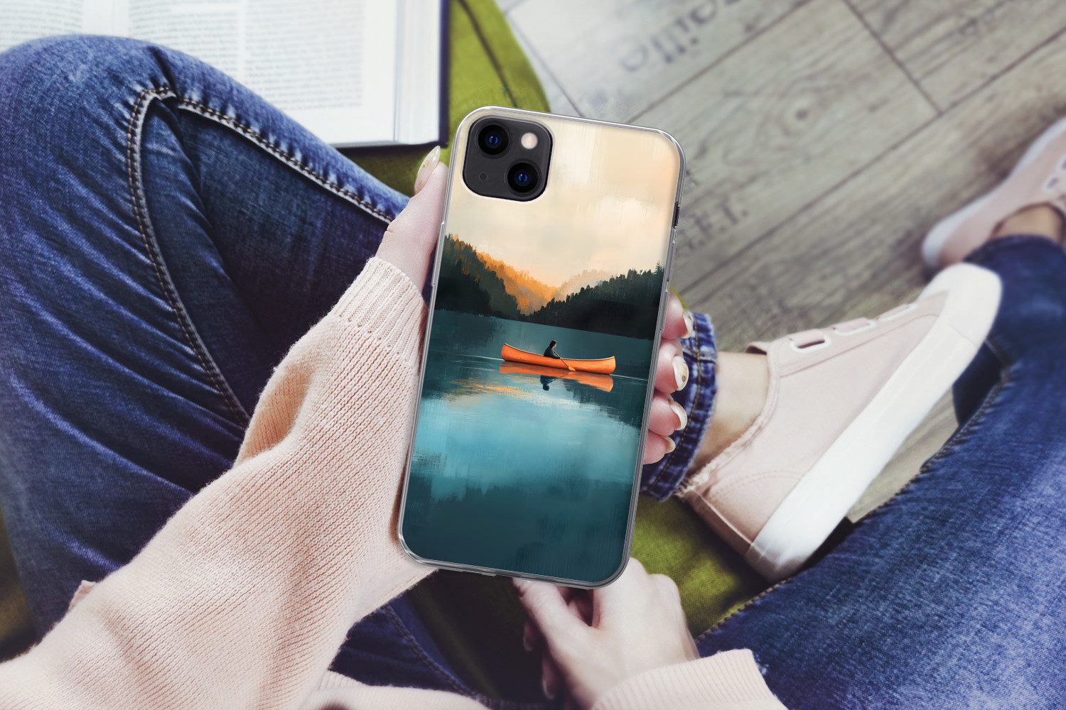 MuchoWow Handyhülle für Apple iPhone 13 mini Wälder - See - Kanu - Orange, Smartphone-Bumper, Print, Handy Schutzhülle Dünn