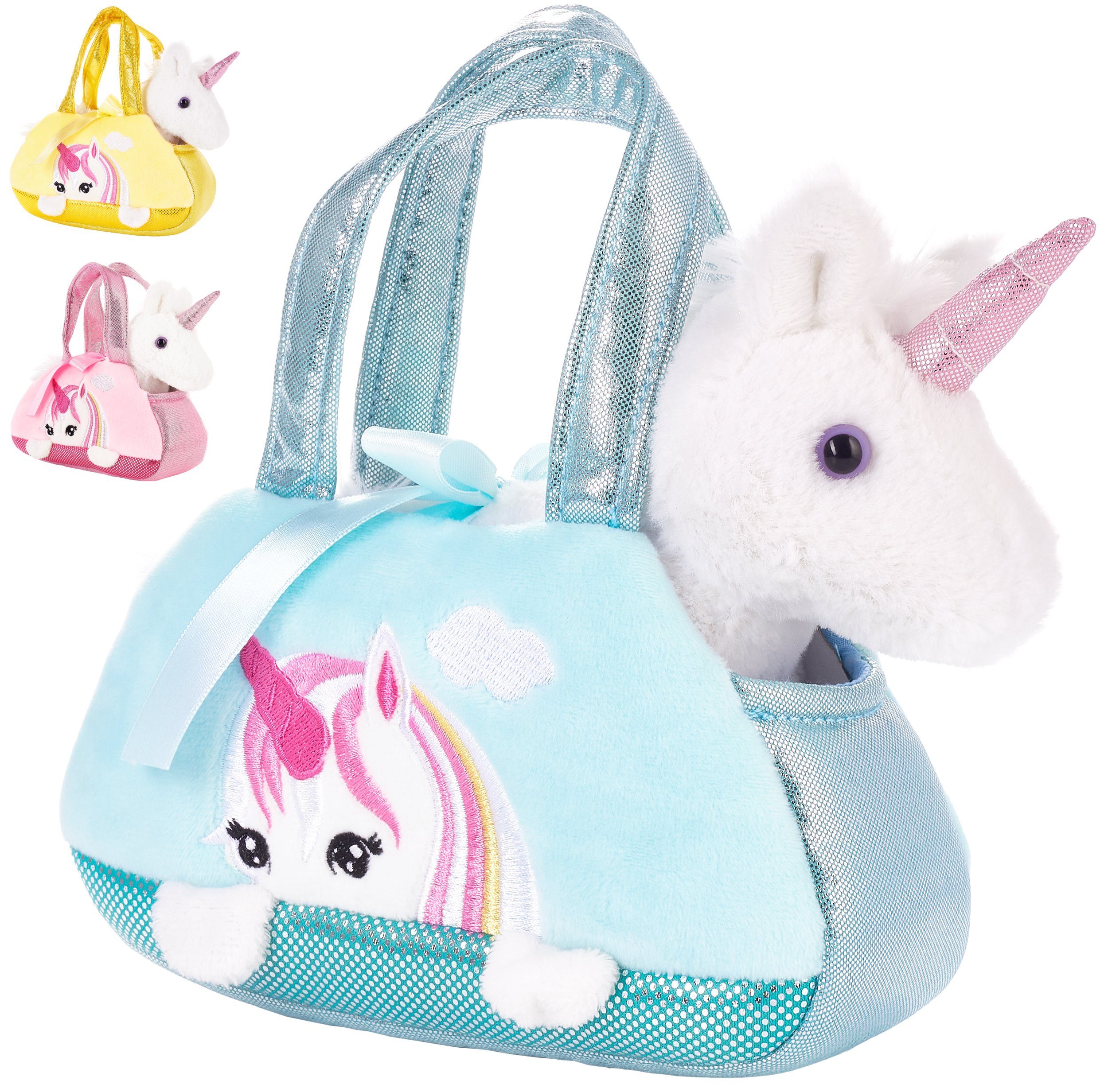 BRUBAKER Kuscheltier Einhorn Tasche Weiß 20 cm (1-St., Plüschtier in Handtasche), Glitzer Stofftier