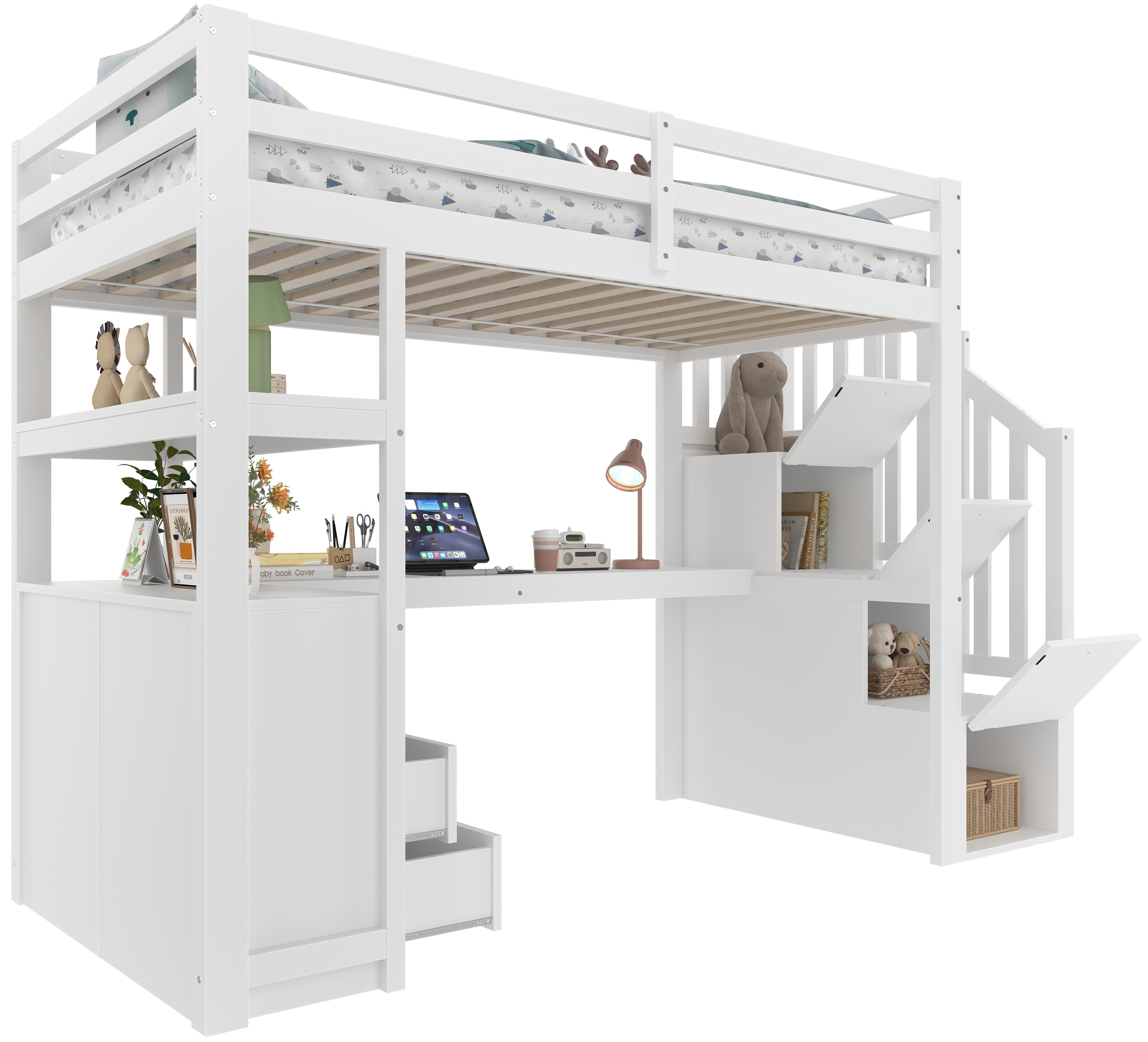 SOFTWEARY Hochbett mit Lattenrost, Schreibtisch und Stauraum, 90x200 cm Kin günstig online kaufen