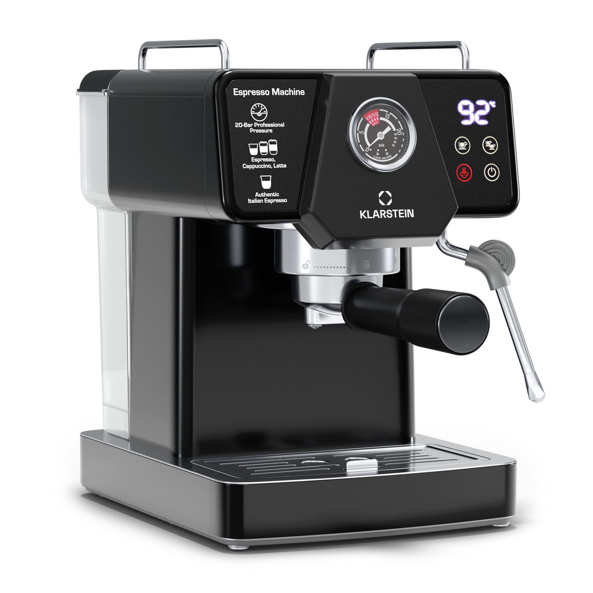 Klarstein Filterkaffeemaschine, 1.8l Kaffeekanne, Edelstahl-Siebträger, Elektrisch 19 Bar Espressomaschine Kaffemaschine Touch