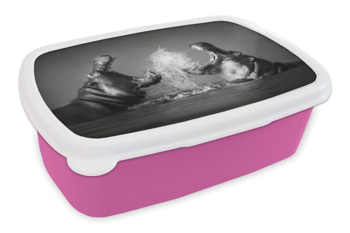 MuchoWow Lunchbox Tiere - Nilpferd - Wasser - Schwarz - Weiß, Kunststoff, (2-tlg), Brotbox für Erwachsene, Brotdose Kinder, Snackbox, Mädchen, Kunststoff rosa