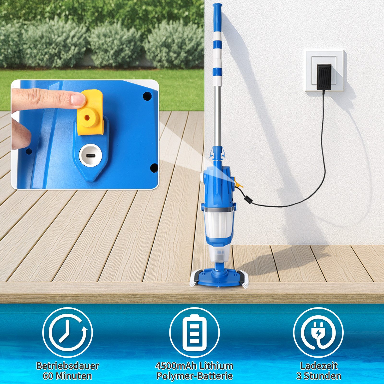 LALAHO Poolbodensauger Poolsauger, Kabelloser Akku-Poolsauger 33W