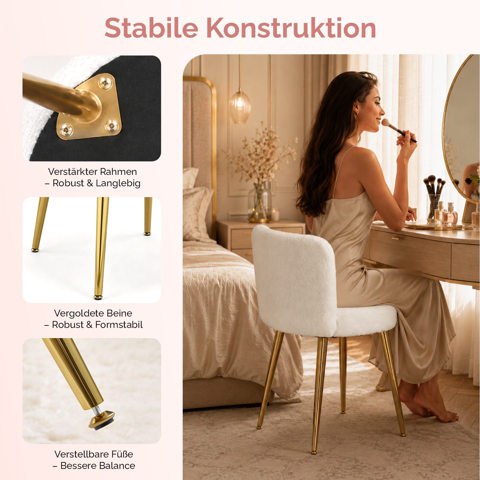 VINGLI Polsterstuhl Schminkstuhl im schlichten Stil, aus Teddystoff, Verstellbare goldene Beine – Bild 5 von 5