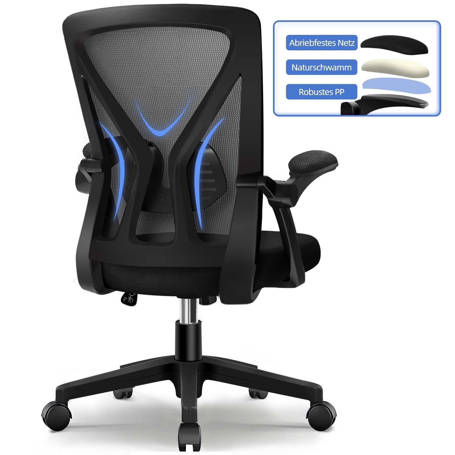 Lexzurn Bürostuhl Bürostuhl ergonomisch, Chefsessel Drehstuhl Wippfunktion bis 125° (Computerstuhl Home Office Chair), Höhenverstellbarer Netzstuhl mit Klappbare Armlehnen