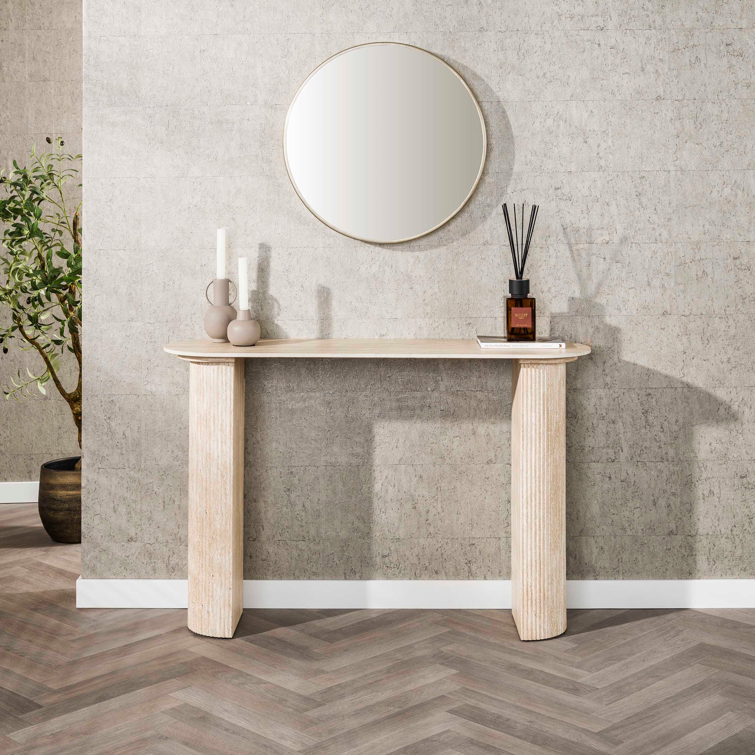 alesvelt Konsolentisch ROMANO ARCH Monolithisches Design mit Travertin-Keramik (1-Tisch), 120x35x78cm, Travertin-Design, Rillen-Säulen