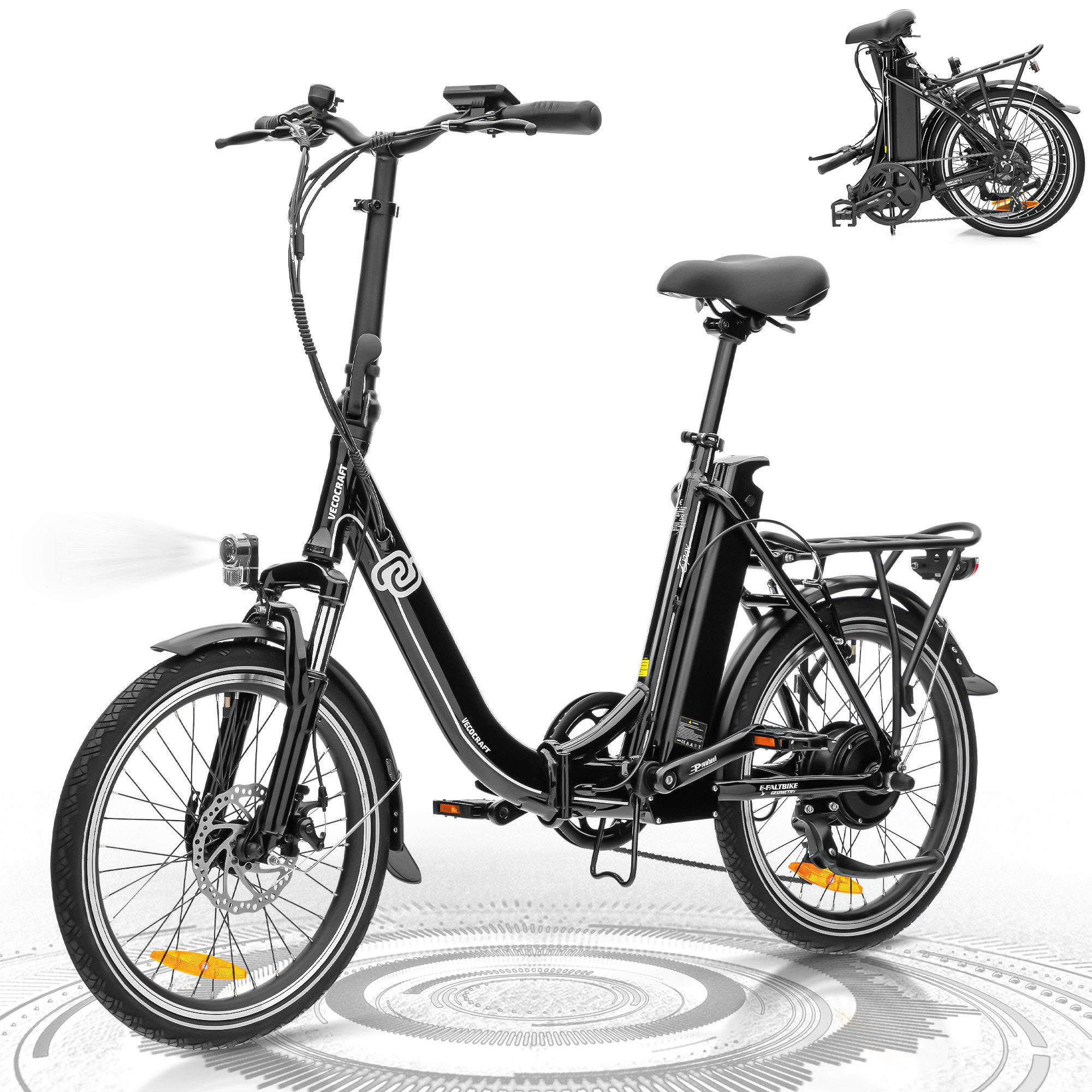 VECOCRAFT E-Bike Faltrad 36V 13Ah Elektrofahrrad,20’’ Pedelec max.100km,klappbar, E-PAX, 7 Gang Shimano, Kettenschaltung, Heckmotor, 468 Wh, E-Citybike,Cityrad für Damen und Herren mit Gepäckträger