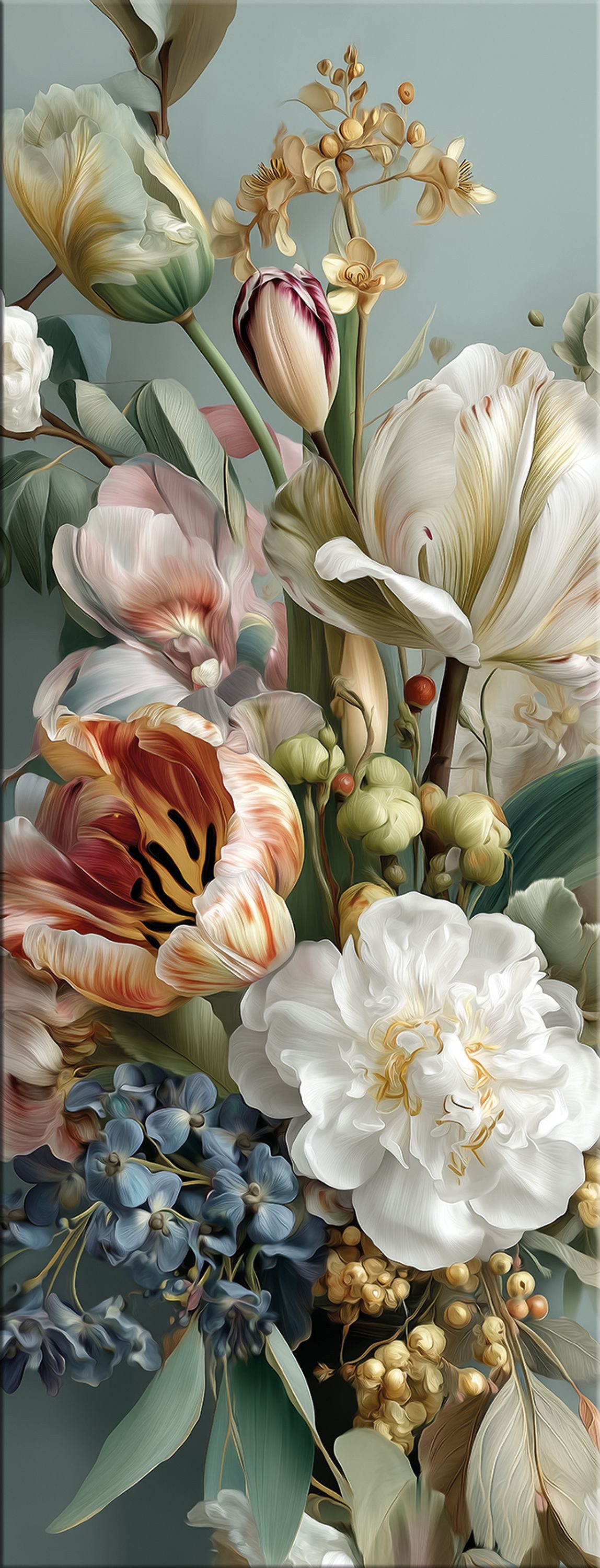 artissimo Glasbild Bild aus Glas 30x80 cm / Wandbild Hochformat / Wanddeko modern, Blumen und Blüten: Vintage Blumen in salbei-grün