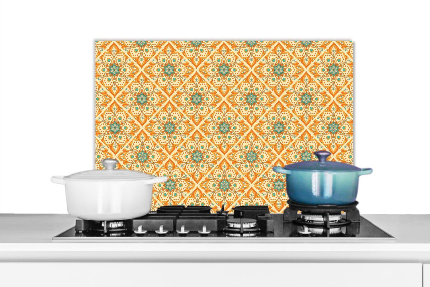 MuchoWow Küchenrückwand Mandala - Boho - Blumen - Orange - Muster, (1-tlg), Spritzschutz Küche, Küchendeko, 60x40 cm