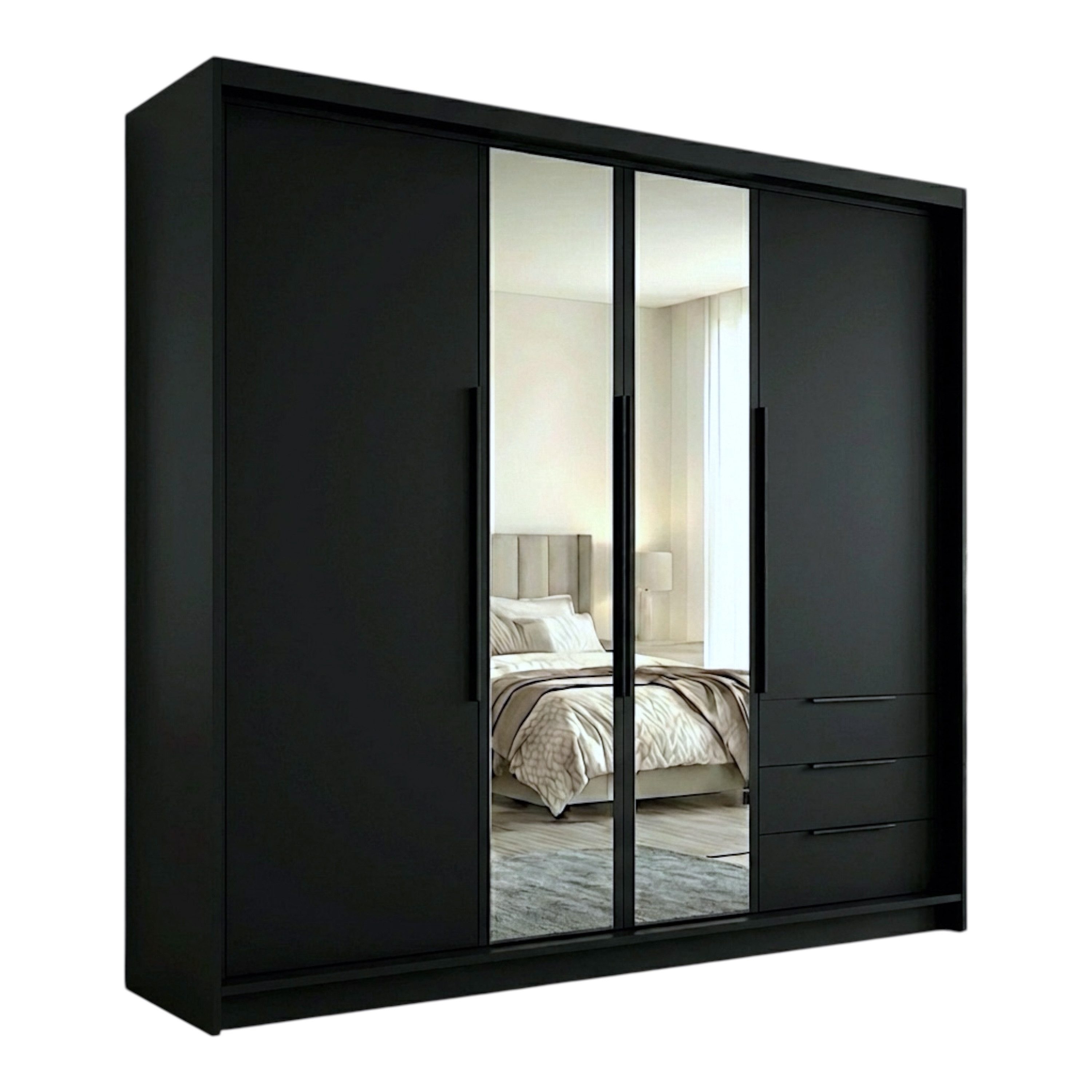 A&J MöbelLand GmbH Drehtürenschrank VIVO mit integrierten Schubladen (Geräumiger vier¬türiger Kleiderschrank mit Schubladen und Metallgriffen. Geräumiger Schrank mit einer Breite von 200 cm und Schubladen, ideal zur Aufbewahrung von Kleidung und Accessoires. Viel Stauraum. TOP PRODUKT! Wählen Sie das ideale Modell für Ihr Schlafzimmer!, TOP ANGEBOT) Breite: 200 cm, Höhe: 215 cm, Tiefe: 59,5 cm