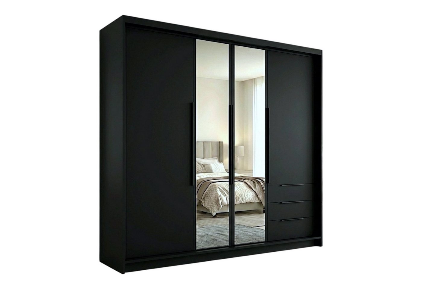 A&J MöbelLand GmbH Drehtürenschrank VIVO mit integrierten Schubladen (Geräumiger vier¬türiger Kleiderschrank mit Schubladen und Metallgriffen. Geräumiger Schrank mit einer Breite von 200 cm und Schubladen, ideal zur Aufbewahrung von Kleidung und Accessoir