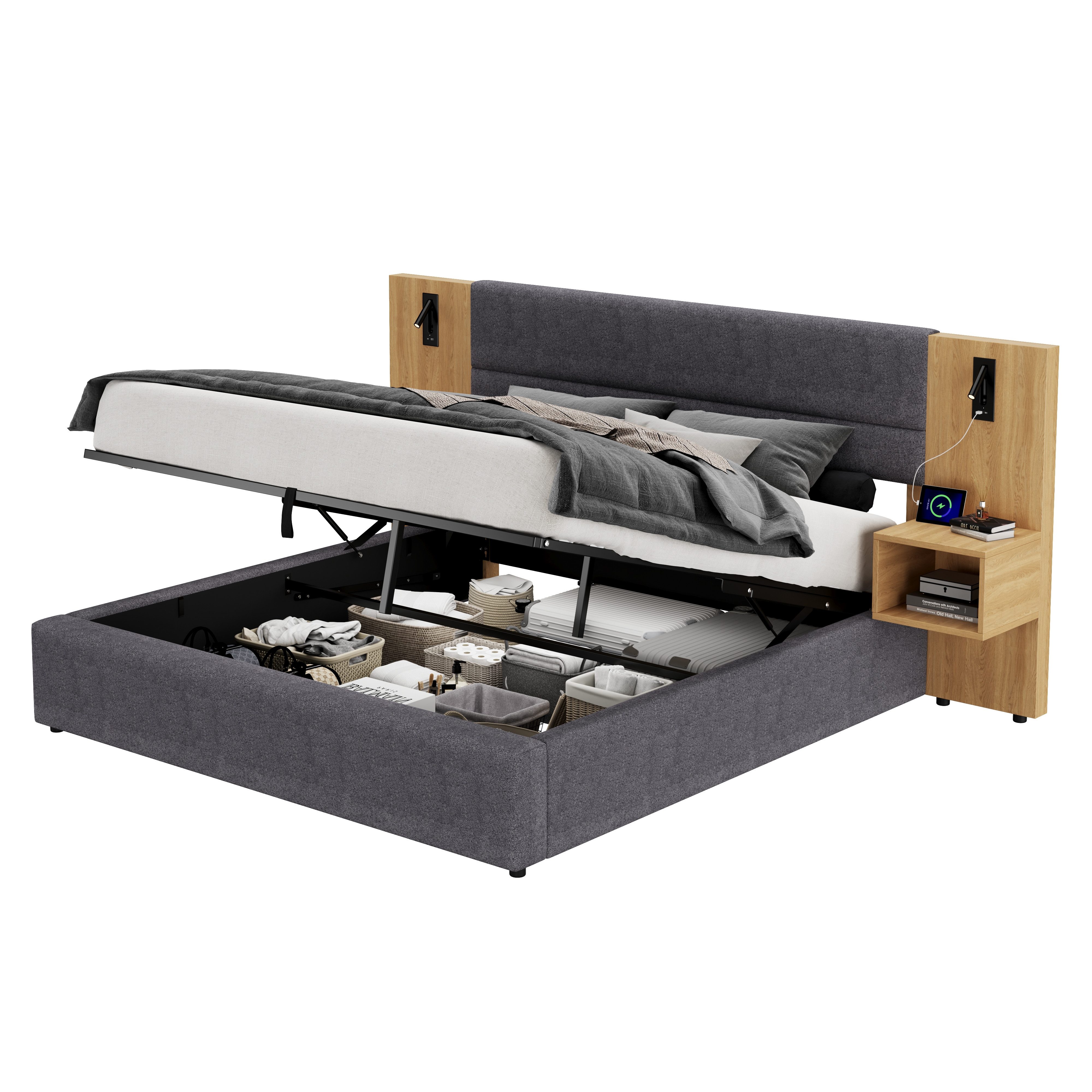 Polsterbett Doppelbett, Hydraulisches Stauraumbett, mit Beleuchtung