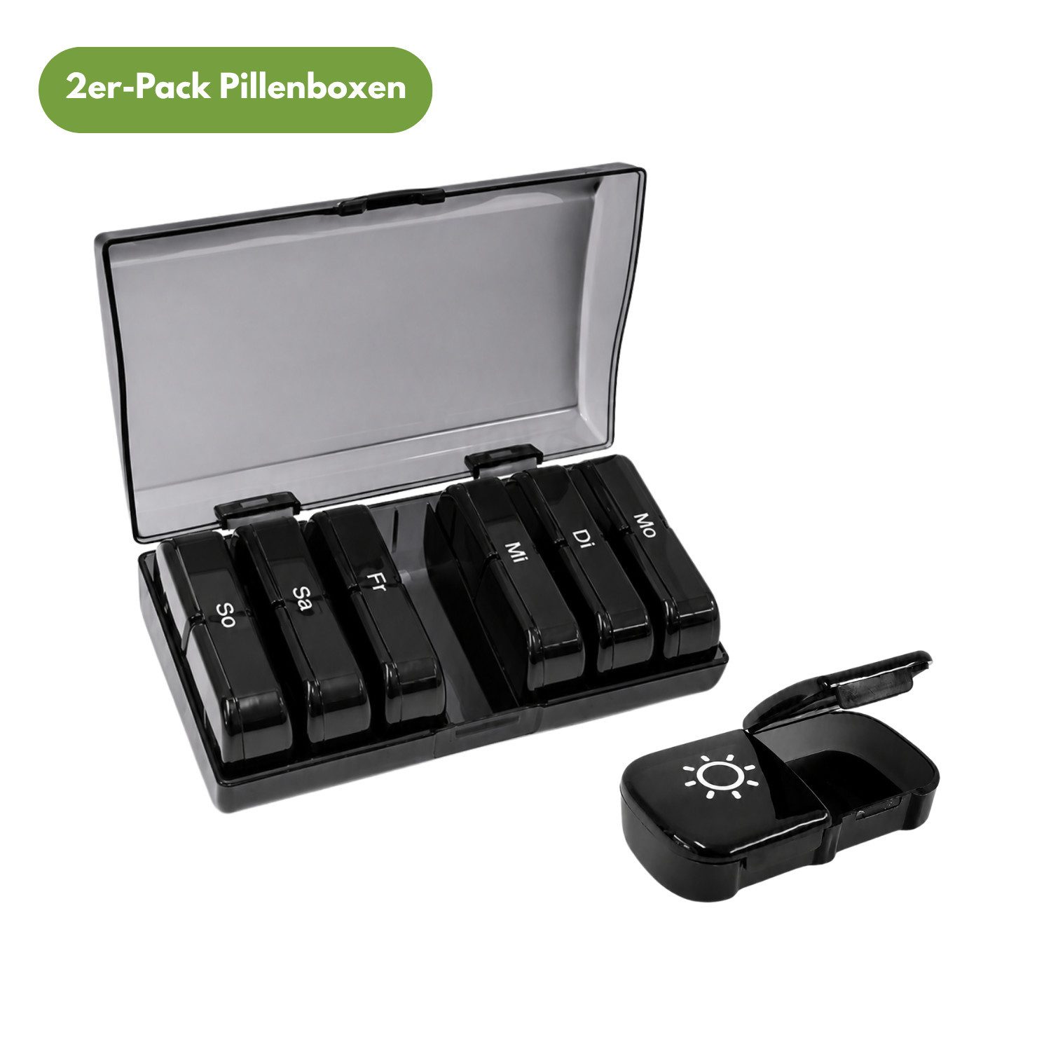 Frohbach Pillendose 7 Tage Tablettenbox - 1 Woche, 2 XL-Fächer pro Tag, BPA-frei, Schwarz (2 St)