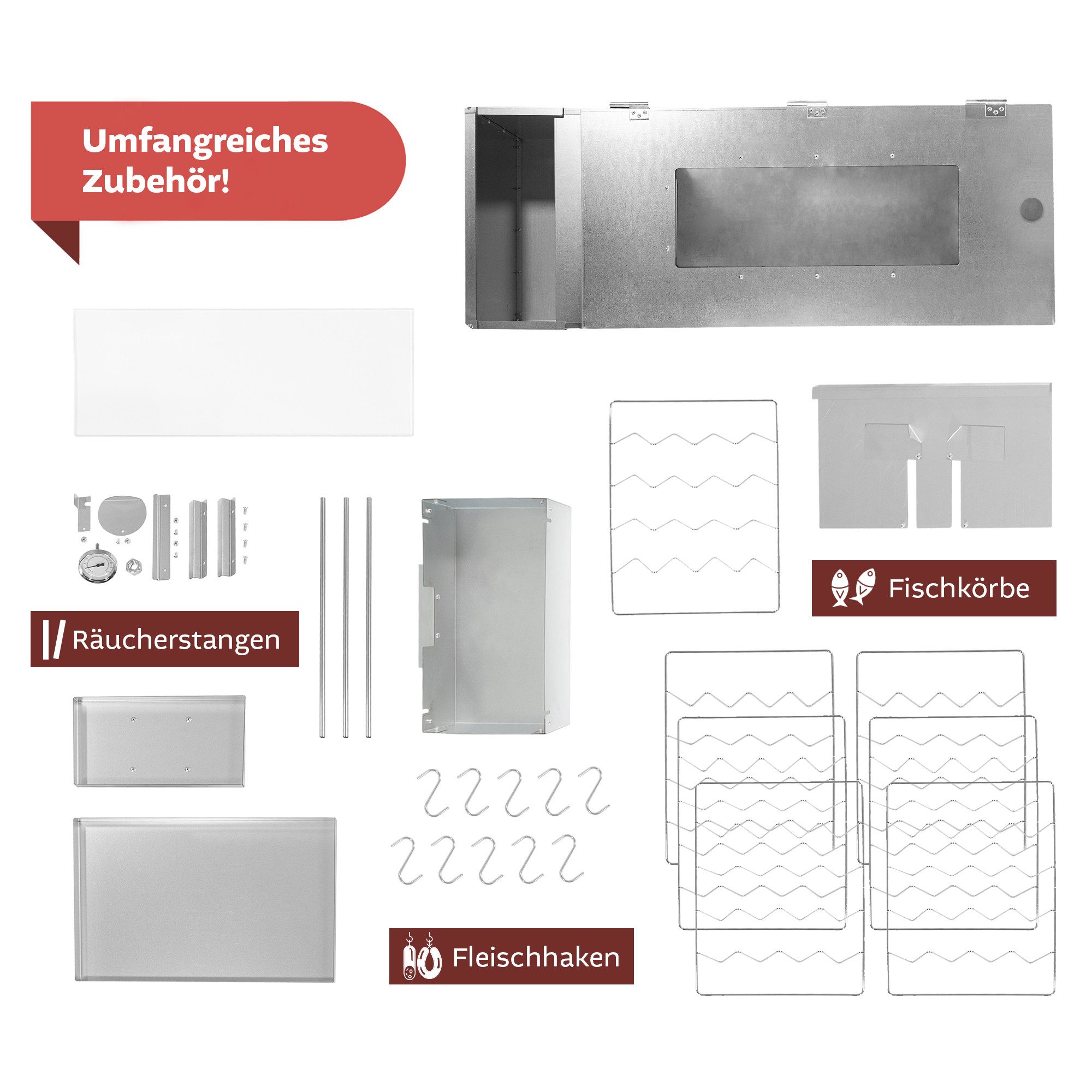 Lemodo Räucherofen XL mit Zubehör, Räucherschrank 110 cm hoch Stahl, mit umfangreichen Zubehör und 3 Etagen