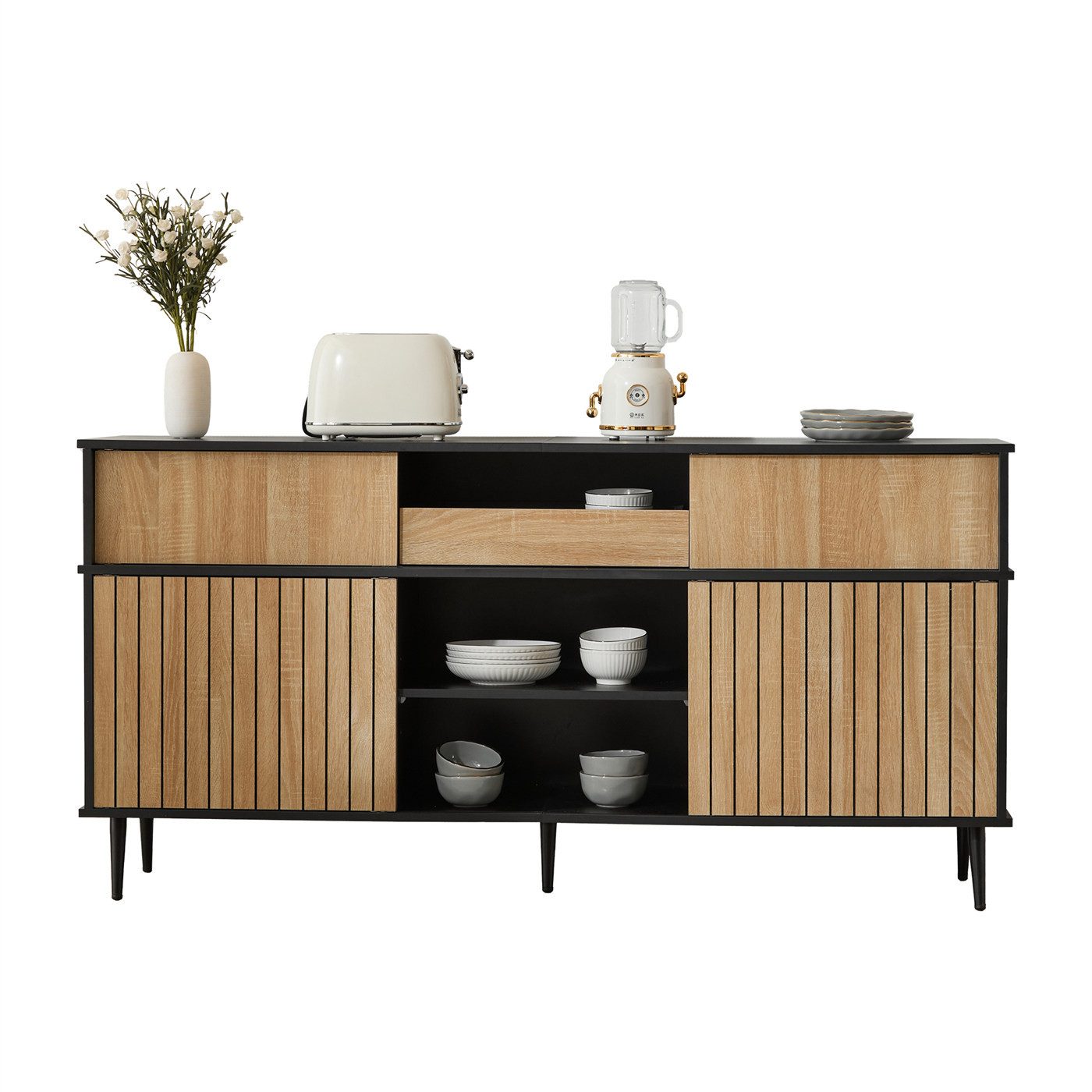 Sideboard Kommode,160x40x80cm,Sideboard mit 4 Schiebetüren und 1 Schublade