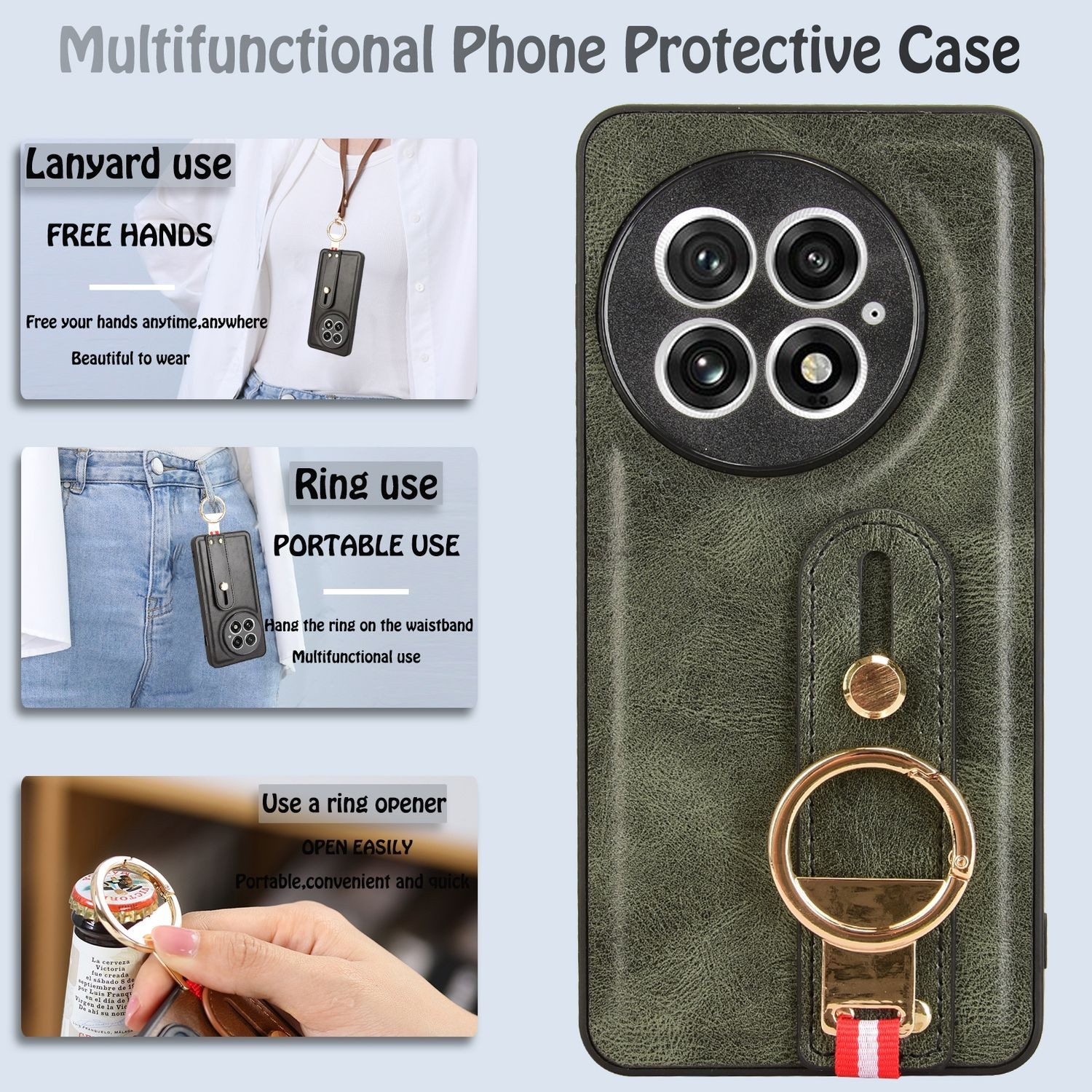 Wigento Handyhülle Für OnePlus 13 Design Kunstleder TPU Schutz Hülle Armband Ring Grün, Stoßfest, Armband-Design, hochwertiges PU-Leder