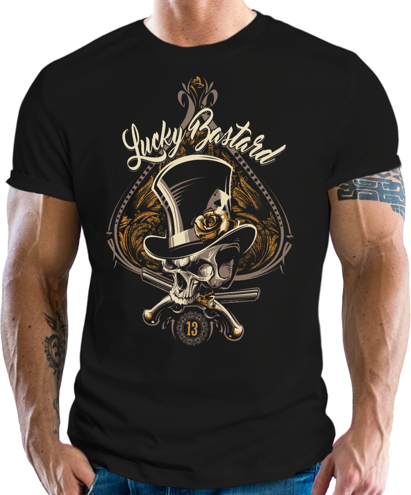 GASOLINE BANDIT® T-Shirt für Biker im Rockabilly Racer Hot Rod Design: Lucky Bastard