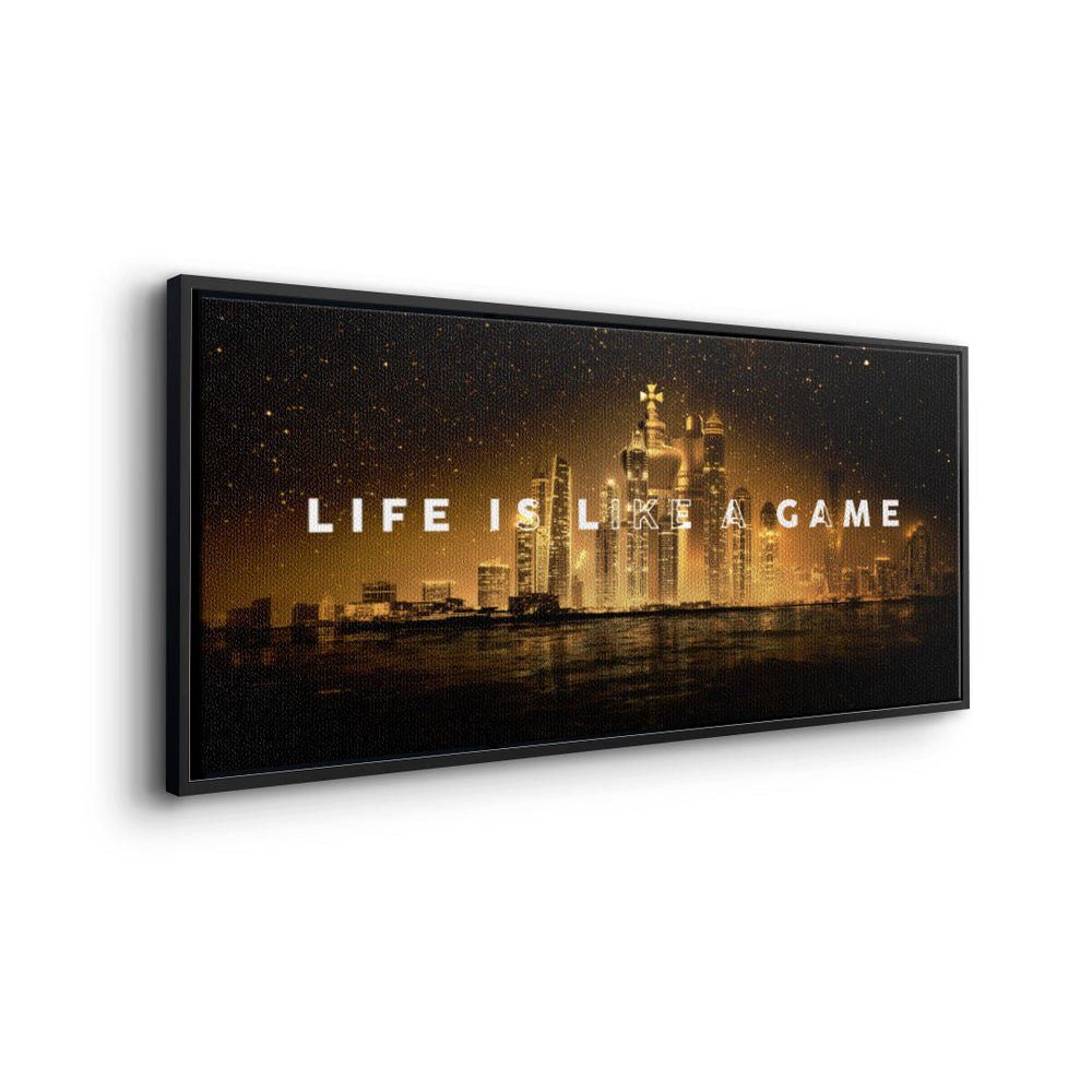 Schach goldener Motivation DOTCOMCANVAS® Leinwandbild prem Rahmen Panorama Figuren mit Skyline Leinwandbild, Zitat