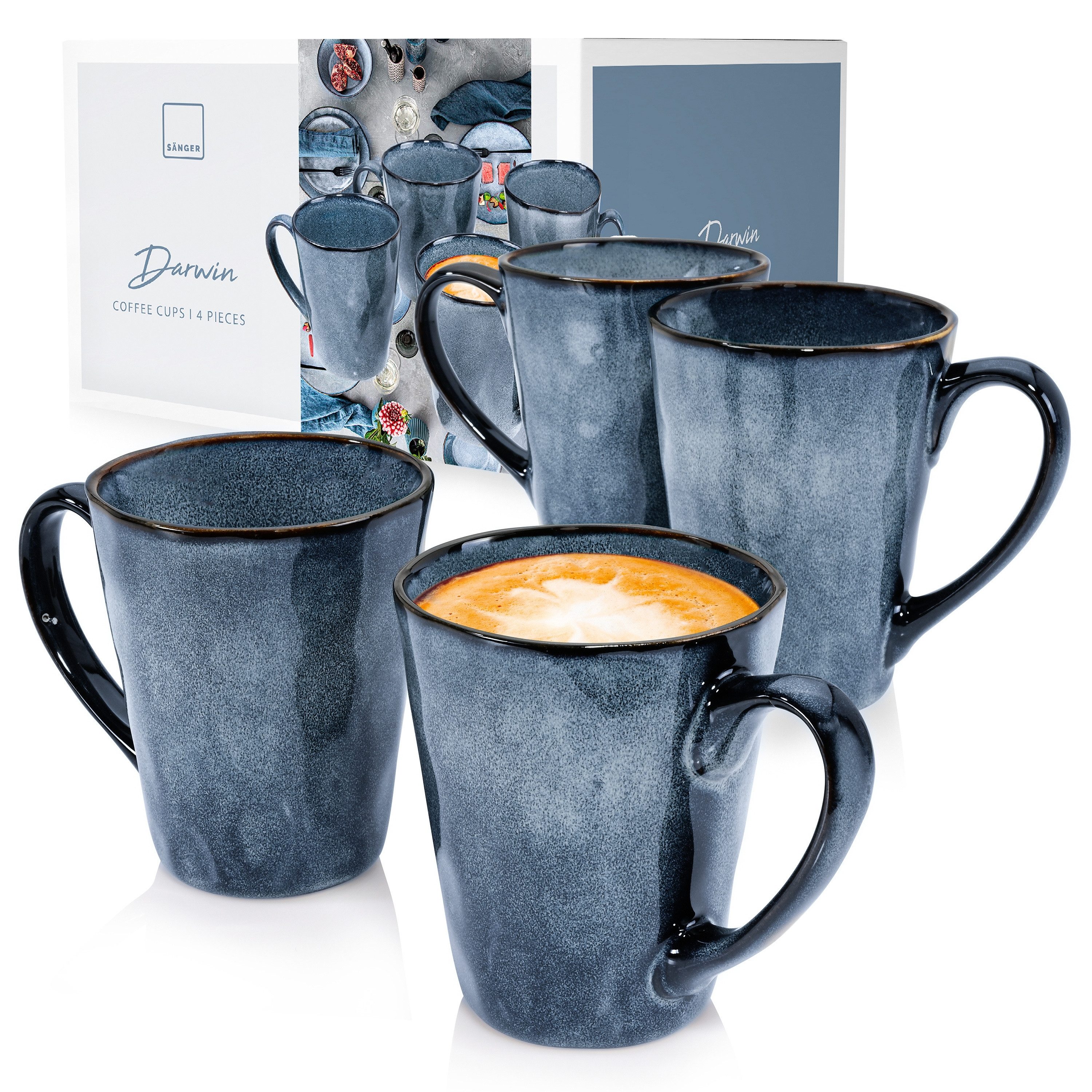 SÄNGER Becher Darwin Kaffeebecher Set, 4-tlg., Steingut, Handmade, 500 ml, ⌀10x12cm, Blau, Premium Collection