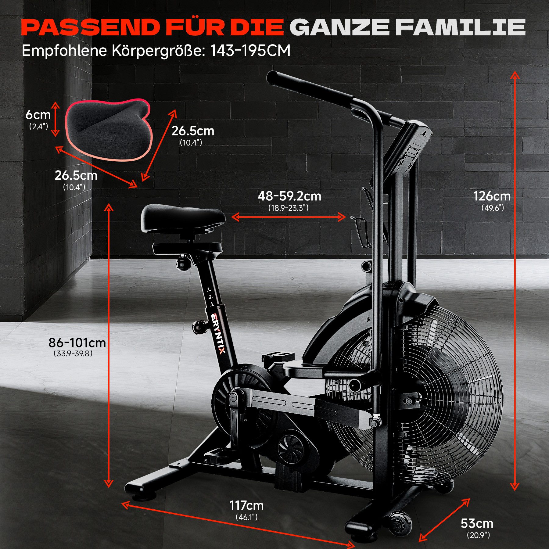Eryntix Heimtrainer Air Bike, Heimtrainer Fahrrad mit Luftwiderstand, Belastbar bis 160 kg (1-tlg., leises Indoor-Fitnessbike, LCD Monitor, App Verbindung), Tra – Bild 2 von 5
