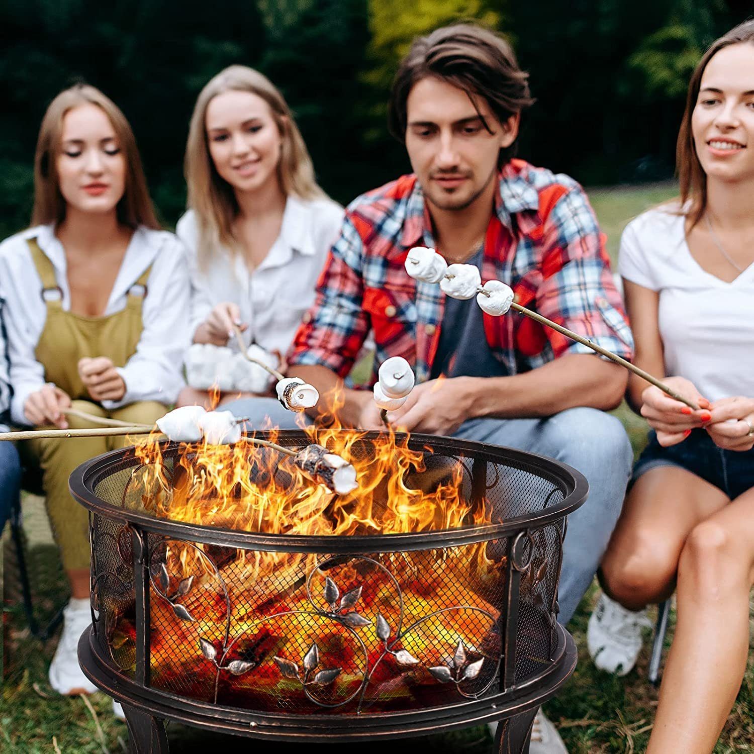 TLGREEN Feuerschale inkl. Poker & Kohlerost, Feuerkorb Retro-Look, (Multifunktional Feuerschale), Feuerschalen für den garten, Ø71x65cm Feuerstelle mit Funkenschutz