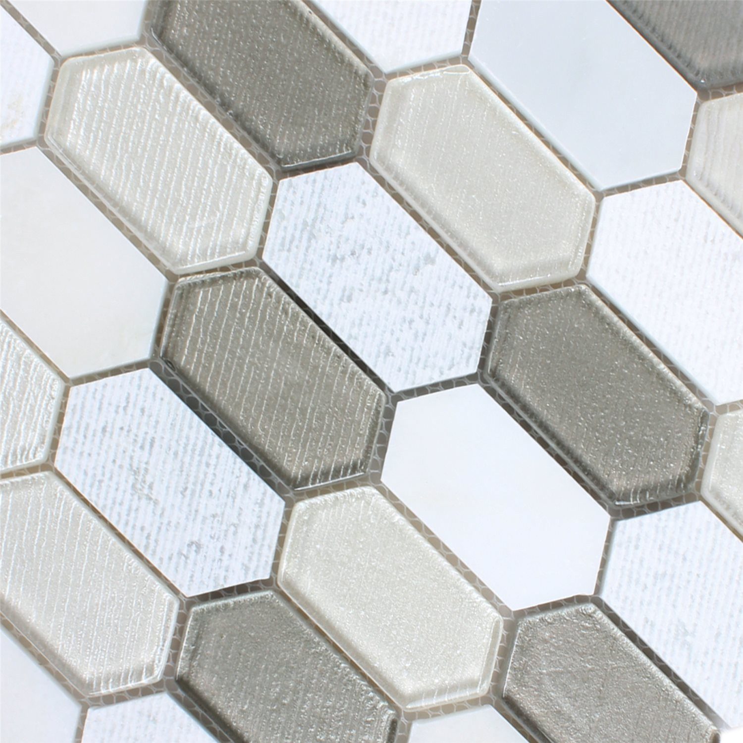 Mosafil Mosaikfliesen Mosaikfliesen Februata Hexagon Weiss Beige Grau, Naturstein-Glas 30.500x29.500, weiß-beige-grau, Verlegefertig auf ein Netz geklebt - Wasserfest