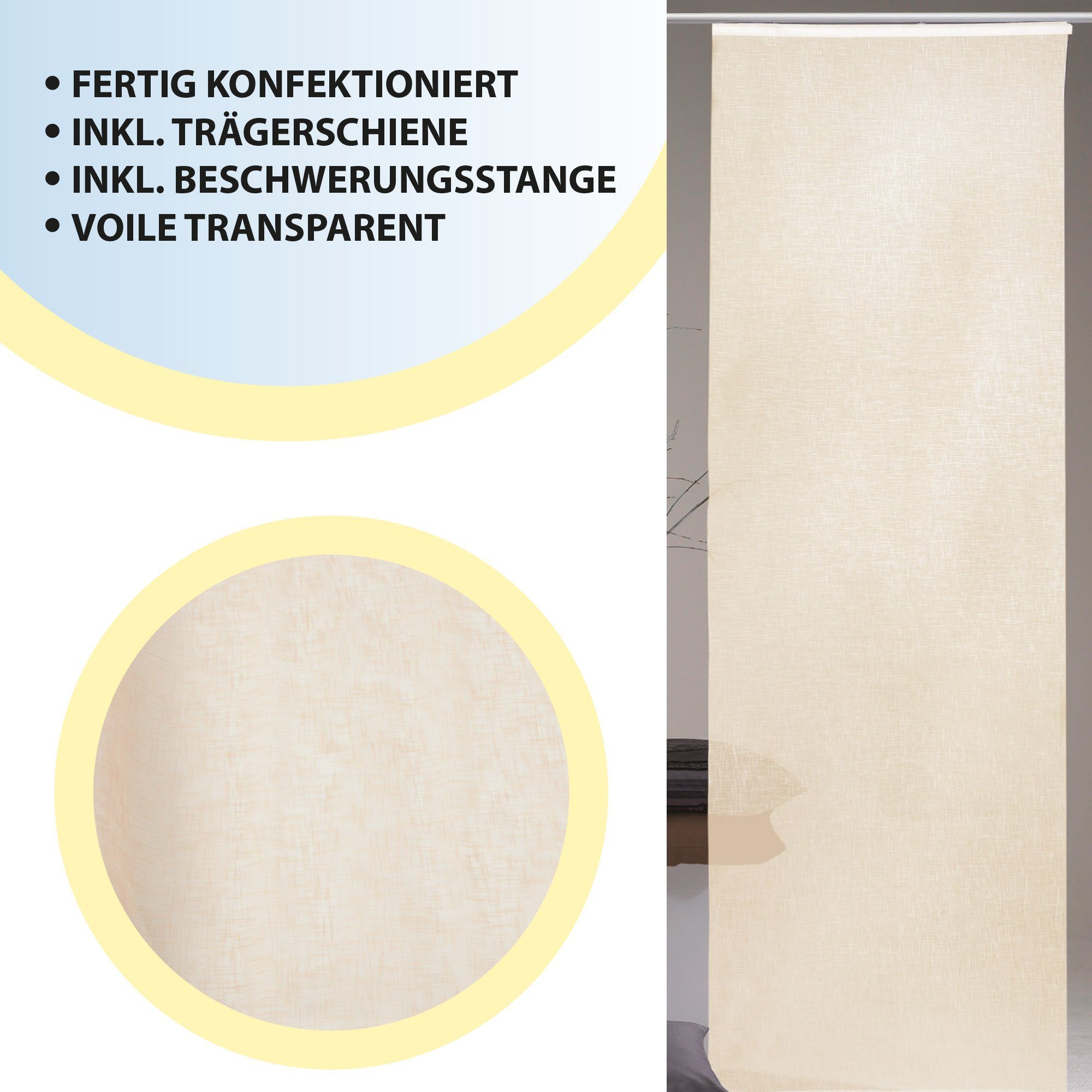 inkl. 60 / - x Paneelwagen (1 Klettband 245 H), Schiebegardine (B Flächenvorhang Arsvita, Beschwerungsstange Schiebevorhang Beige Desiré, x transparent, cm St),