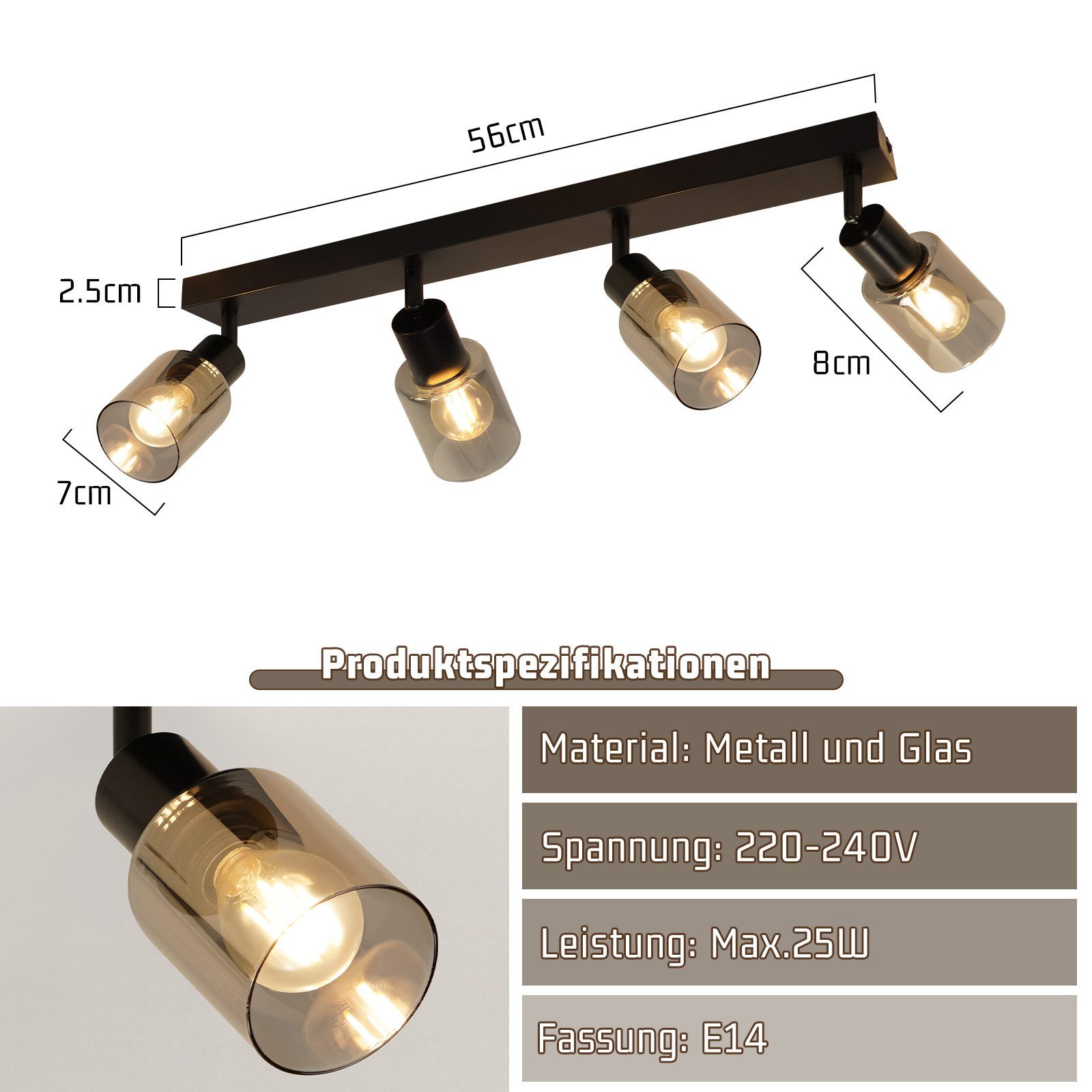 Nettlife Deckenstrahler Vintage Schwarz Glas E14 Retro Deckenleuchte Schwenkbar 350°, LED wechselbar, Flur Wandstrahler für Küche Wohnzimmer