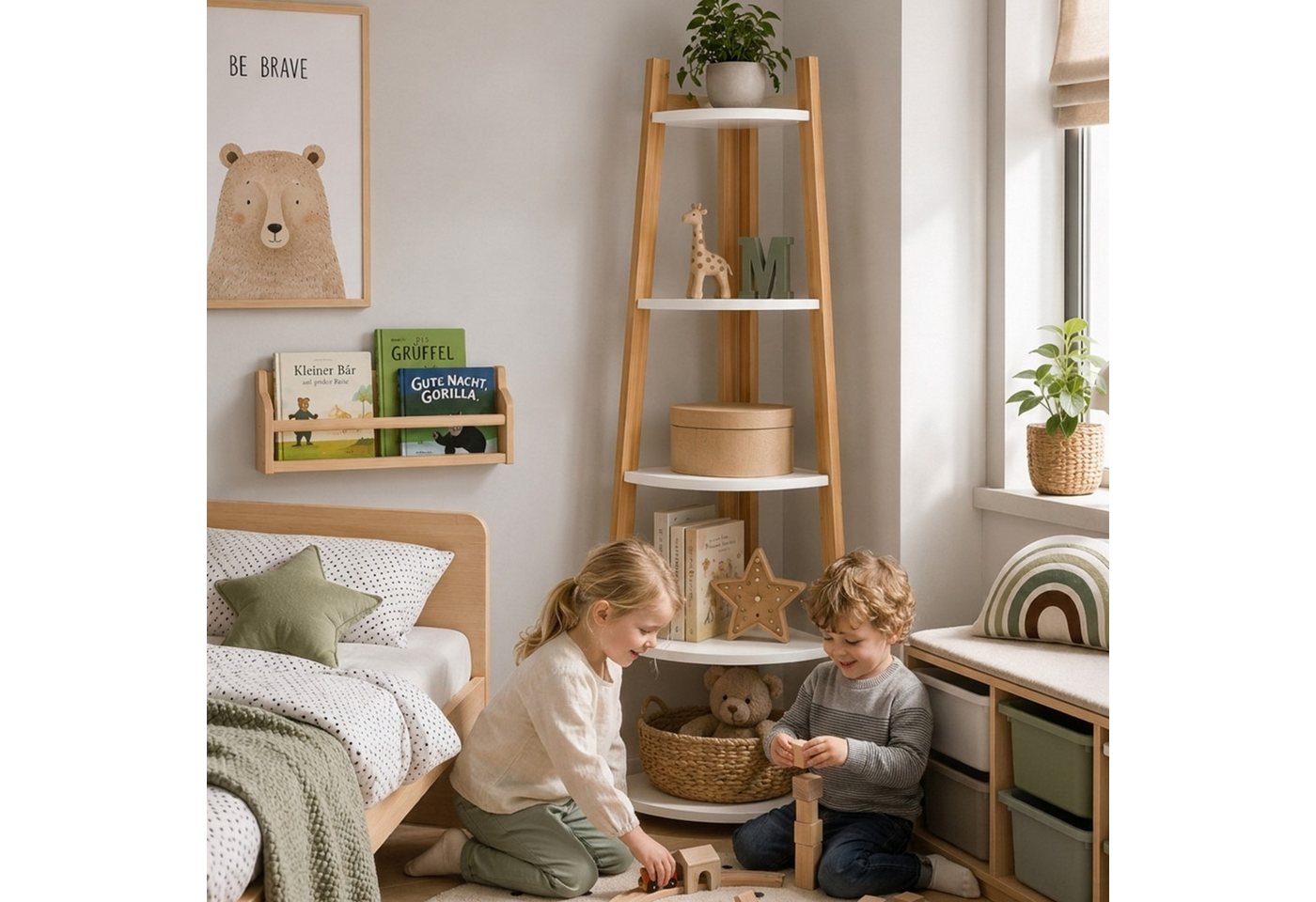 HOOZ Stufenregal Bambus Standregal – modernes Eckregal 5 Böden natur/weiß 155 x 37 cm, Einzelartikel / Standregal, Nachhaltiges Leiterregal aus FSC Bambus im modernen Design