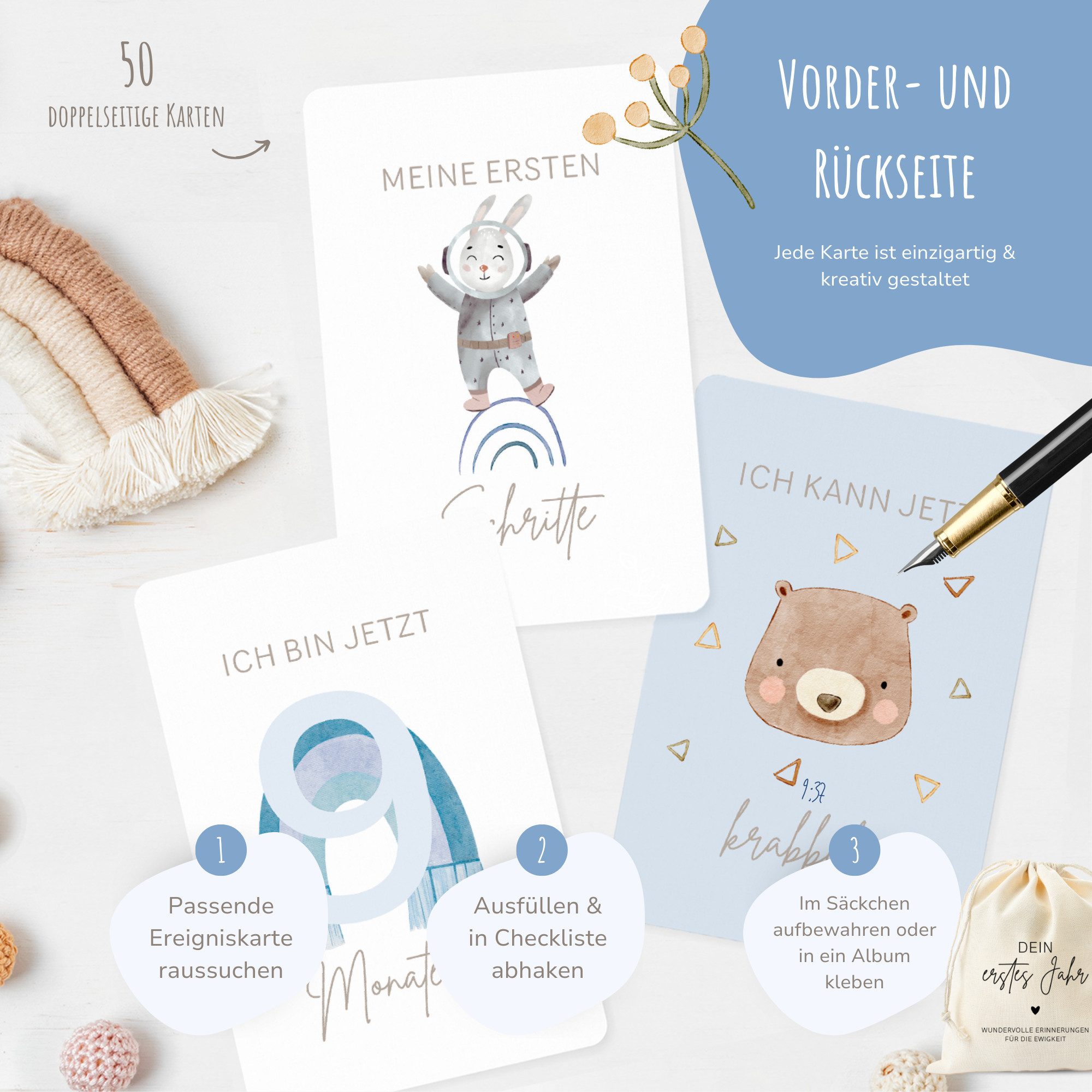 MeinBaby123® Geburtskarte 50 Meilensteinkarten "Dein erstes Jahr" zum Ausfüllen, inkl. Baumwollsäckchen, Geschenk zur Geburt, Meilensteinkarten Baby