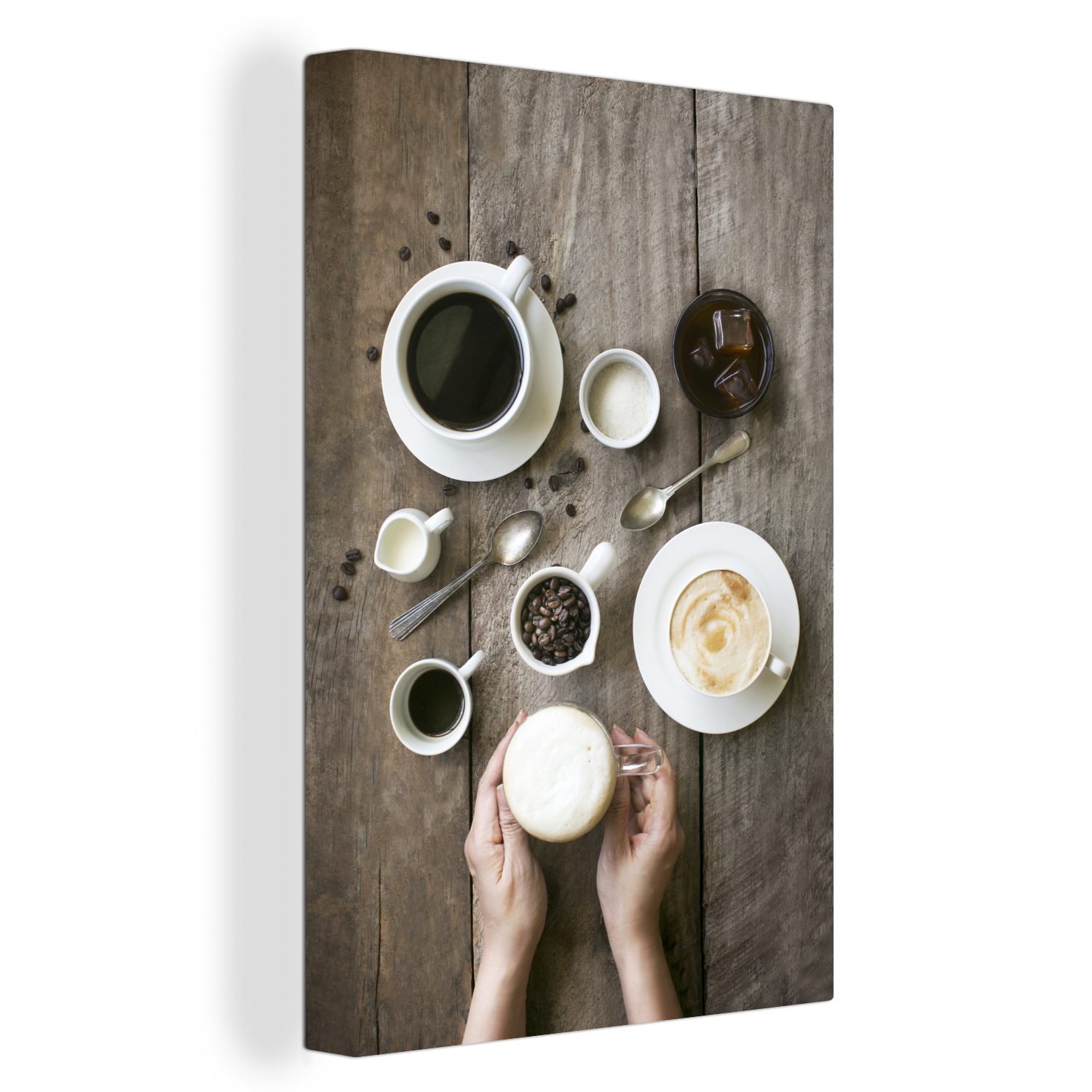 OneMillionCanvasses® Leinwandbild Morgenkaffee mit Kaffeebohnen, (1 St), Leinwandbild fertig bespannt inkl. Zackenaufhänger, Gemälde, 20x30 cm