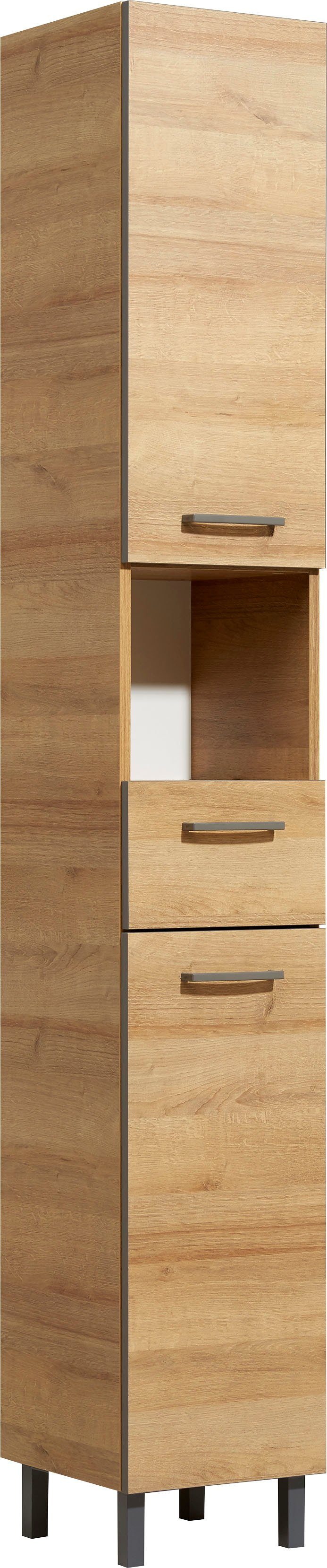Saphir Hochschrank Quickset 919 Badschrank, 30 cm breit, 2 Türen, Nische, 1 Schublade Badezimmer-Hochschrank inkl. Türdämpfer, Griffe in Grau. € 219,64