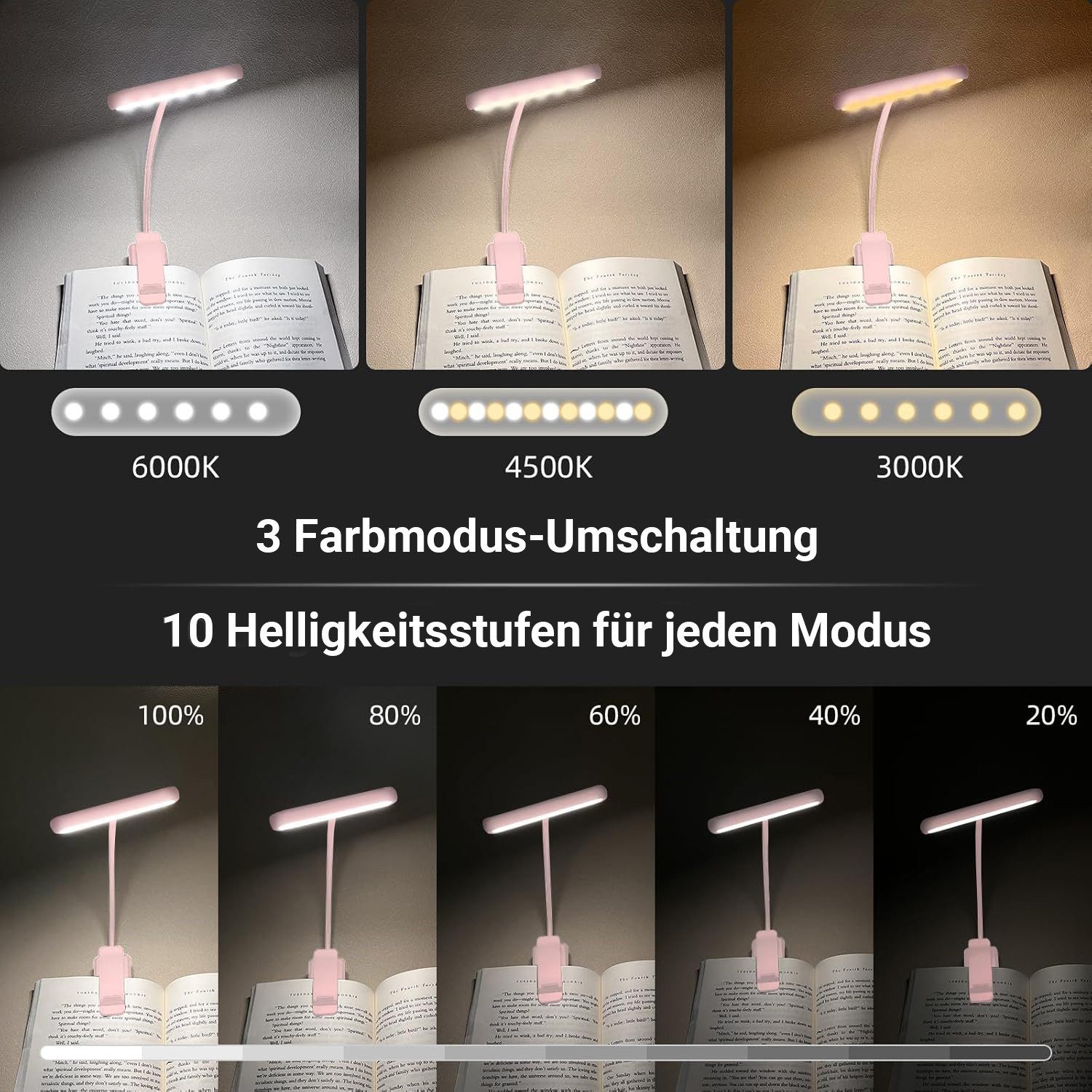 MUPOO LED Leselampe Klemmlampe Breites Licht, USB Aufladbar, 3 Farben & 10 günstig online kaufen