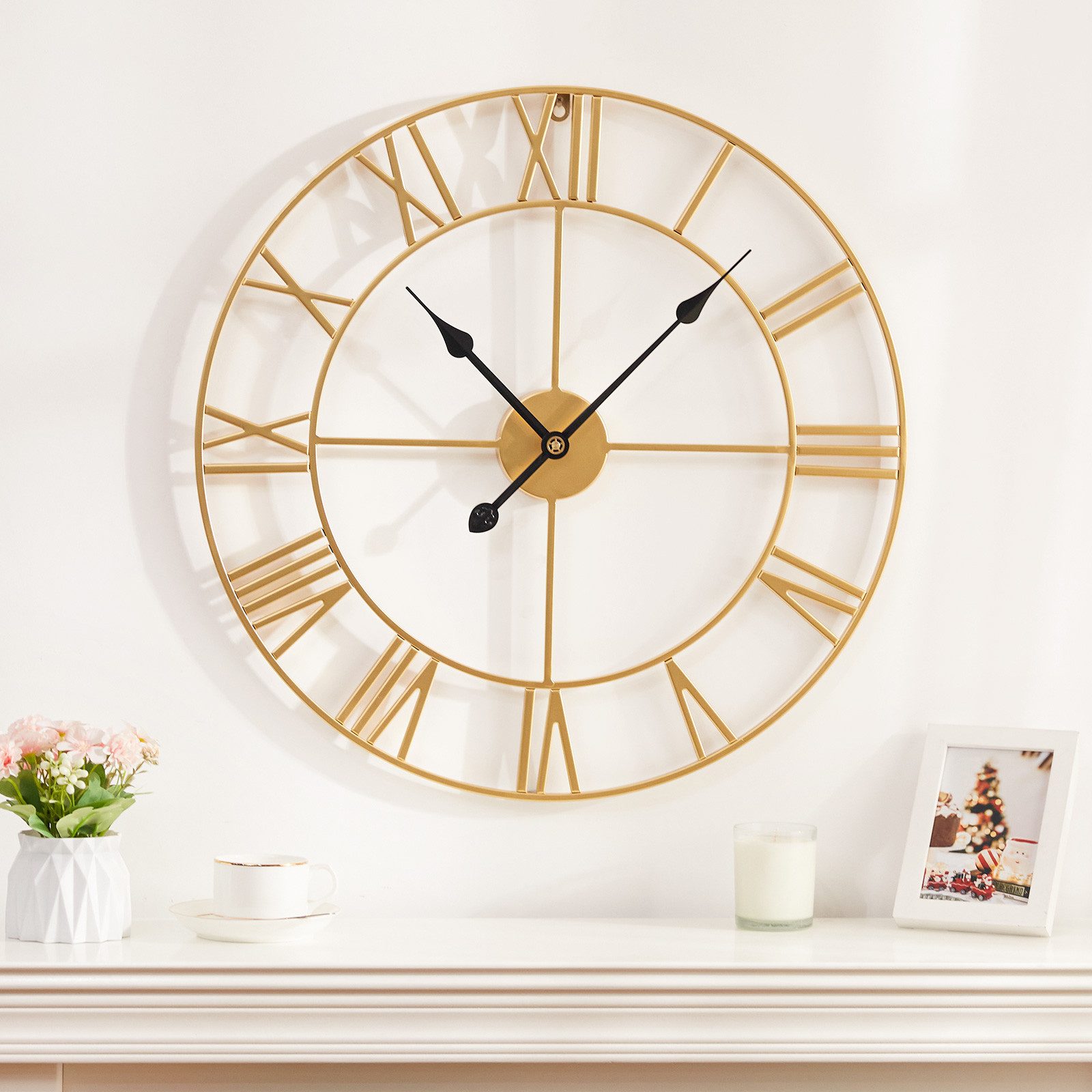 Yorbay Wanduhr Große XL aus Metall,Wohnzimmeruhr mit Romischer Ziffern Vintage (Wanduhr 60 cm für Wohnzimmer, Schlafzimmer, Küche, Restaurants)